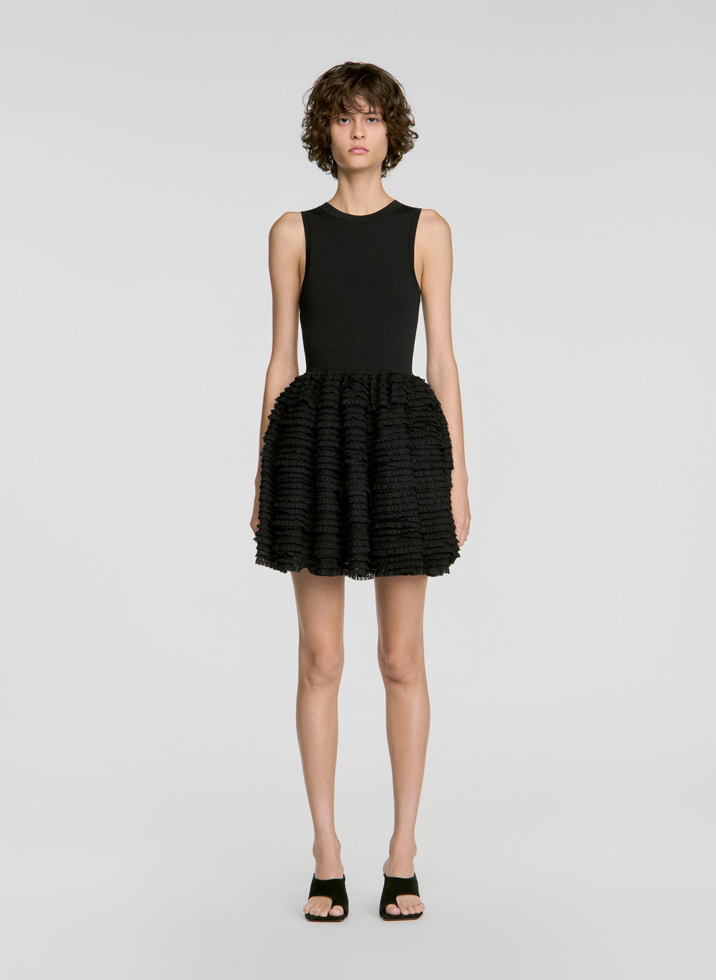 Robe courte évasée à volants SANDRO Noir