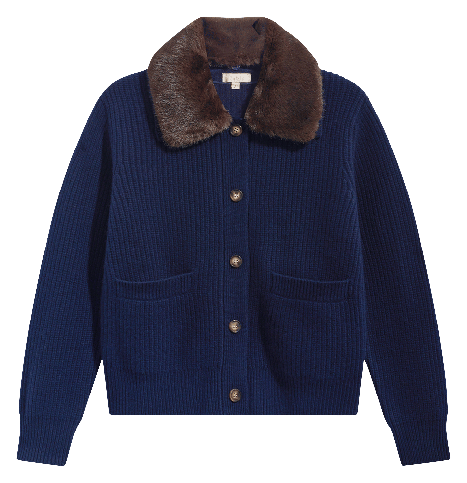 Rechte vest met bontkraag van kasjmier PABLO Blauw