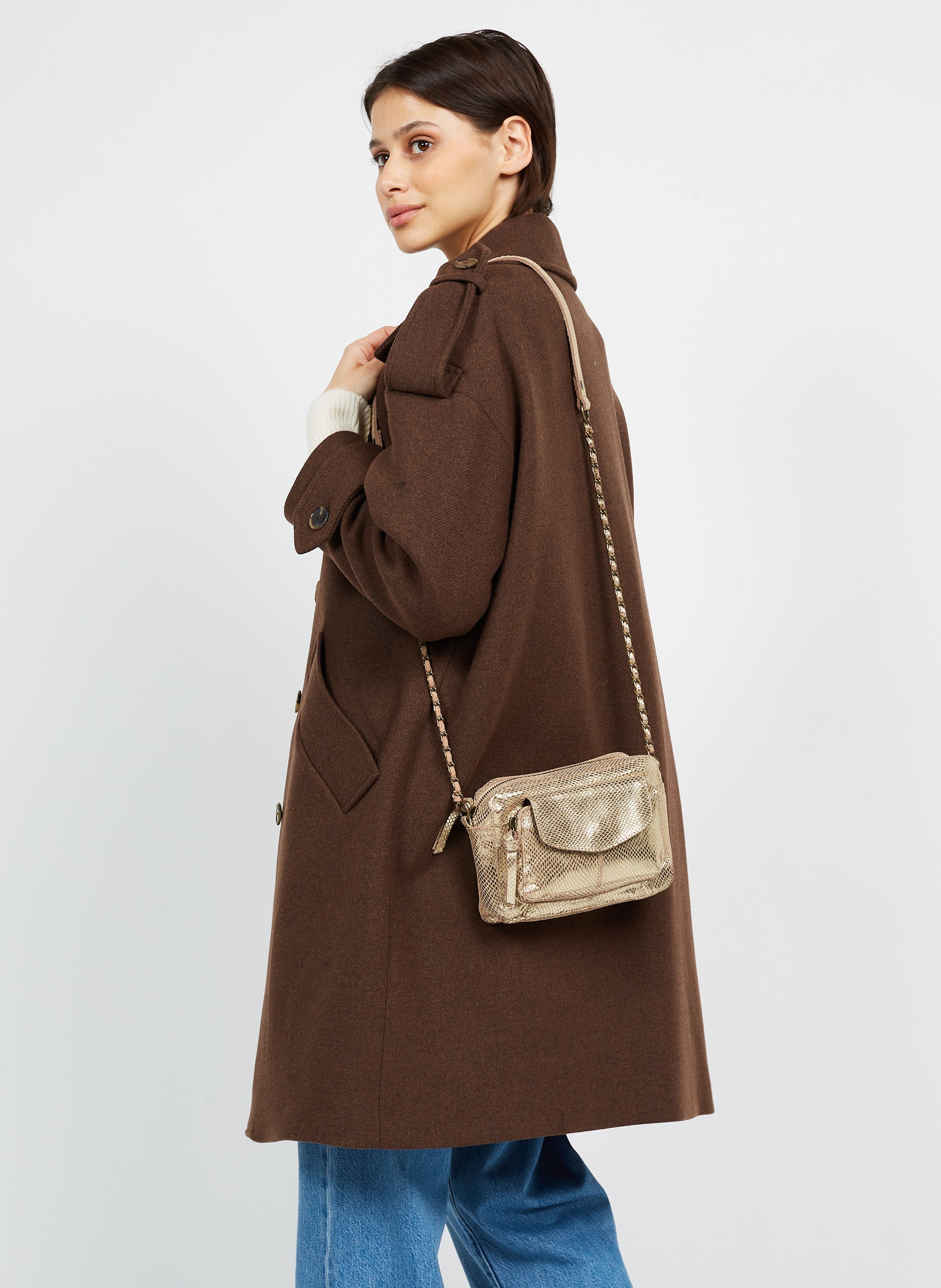 Metallic Leather Messenger Bag Beige Pieces Women Place des Tendances