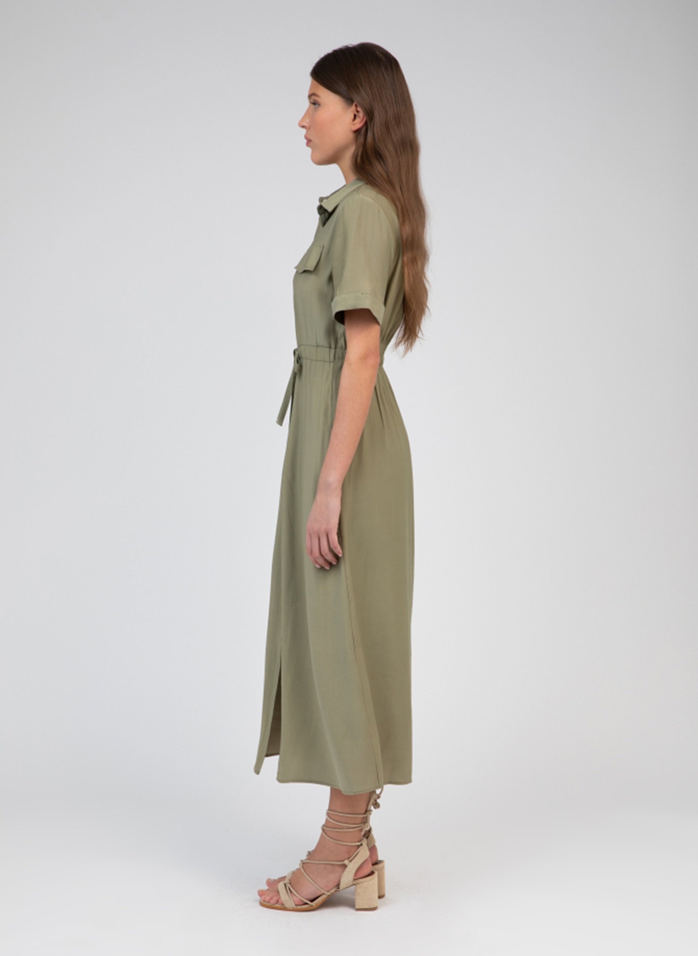 Short-sleeved dress with belt AN'GE Khaki