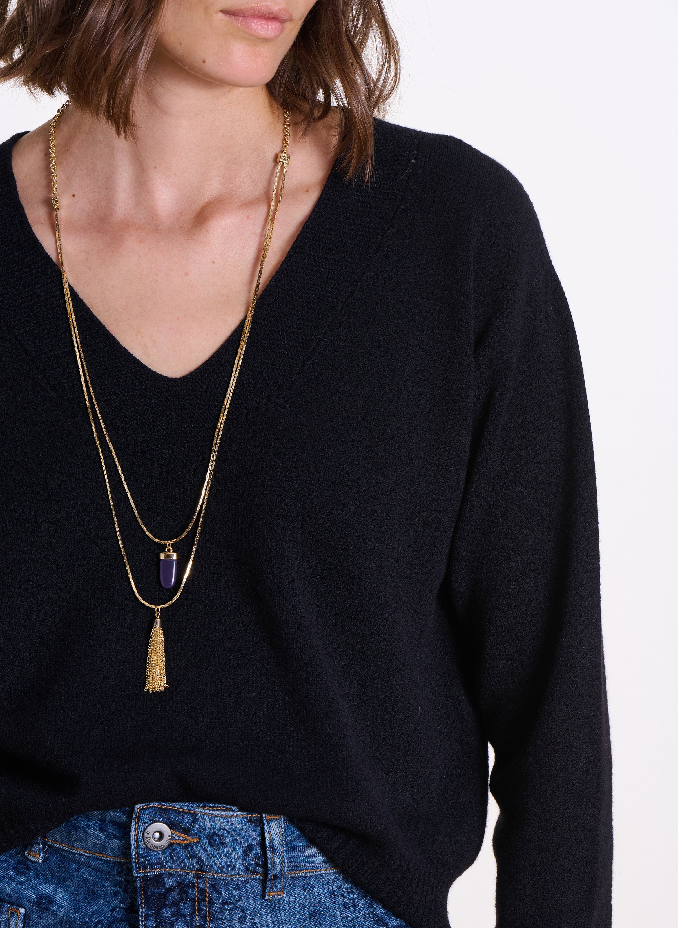 Weiter Strick-Mix-Pullover mit V-Ausschnitt LA FEE MARABOUTEE Schwarz