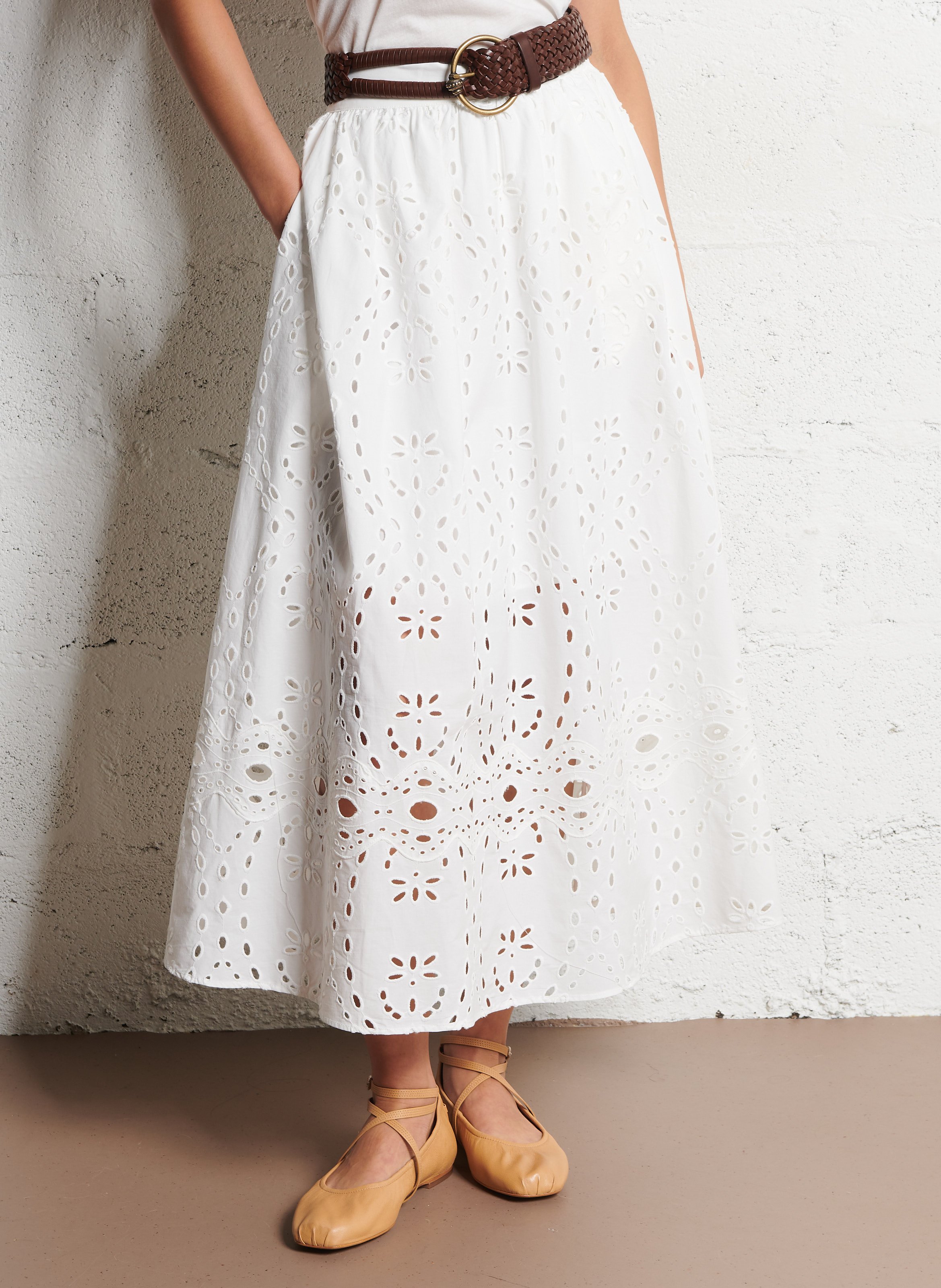 Jupe midi en coton brodé BA&SH Beige