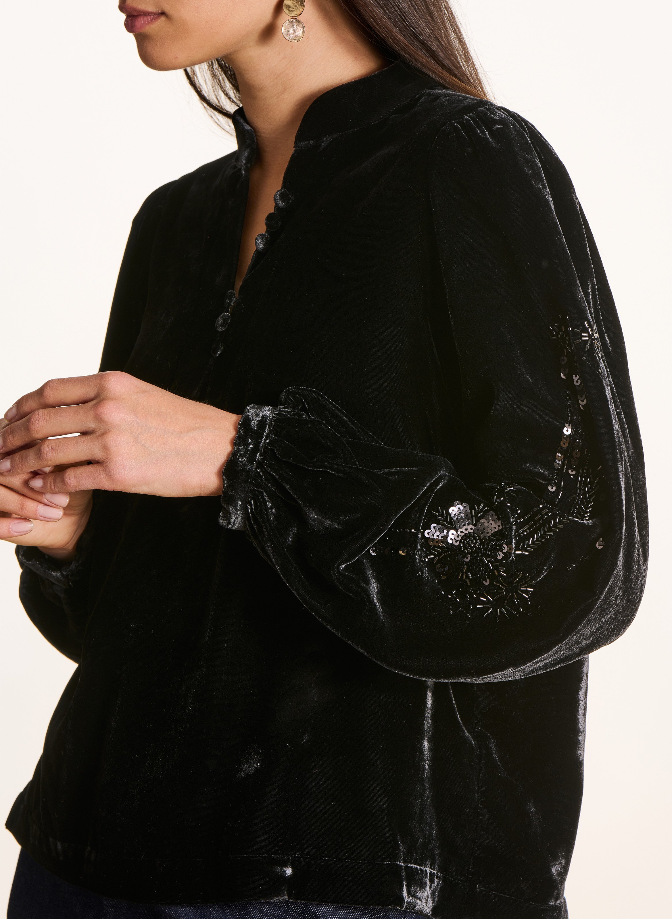 Top droit col tunisien en velours LA FEE MARABOUTEE Noir