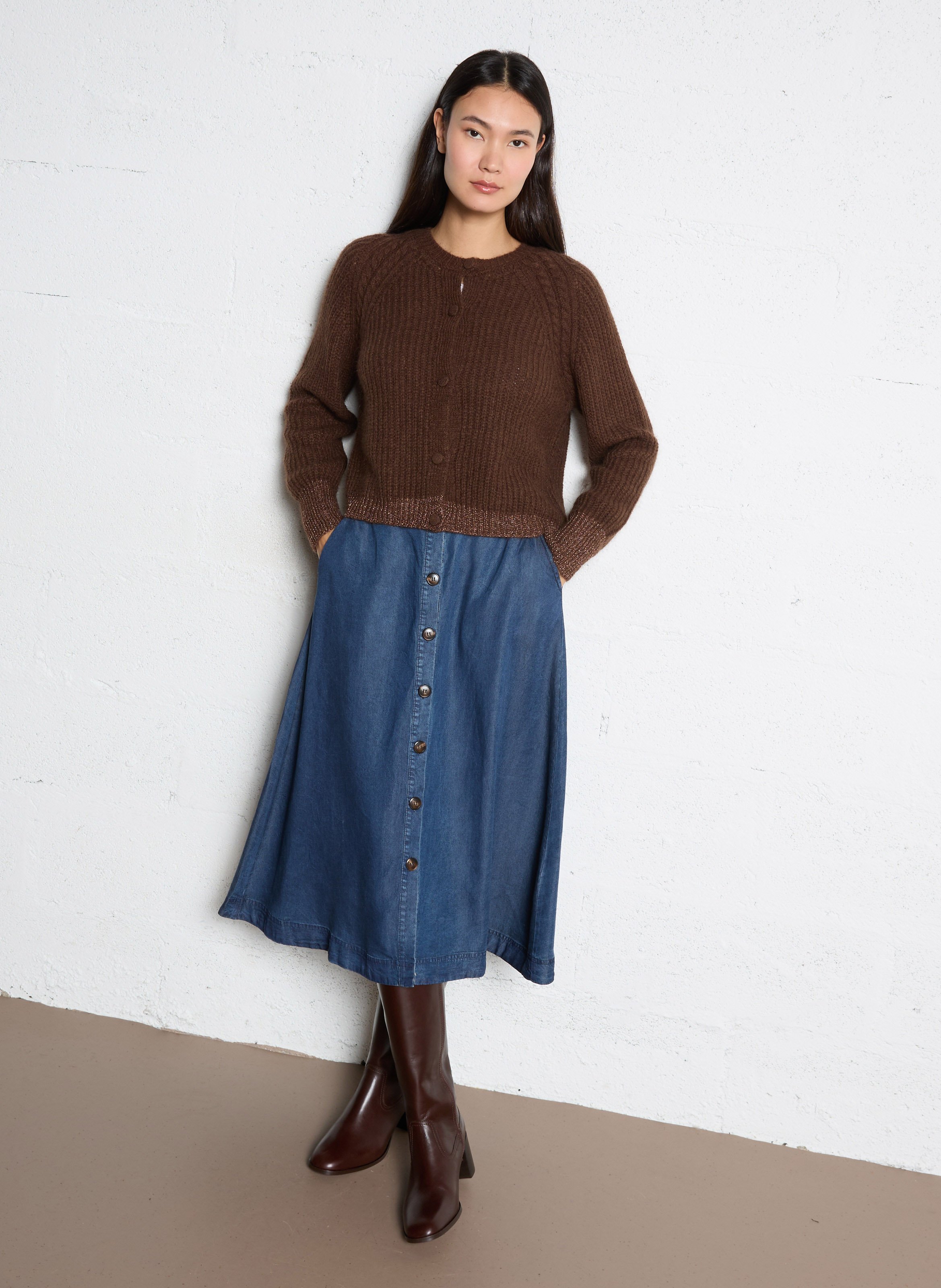 Straight knit cardigan with a shawl collar ONE STEP Brown