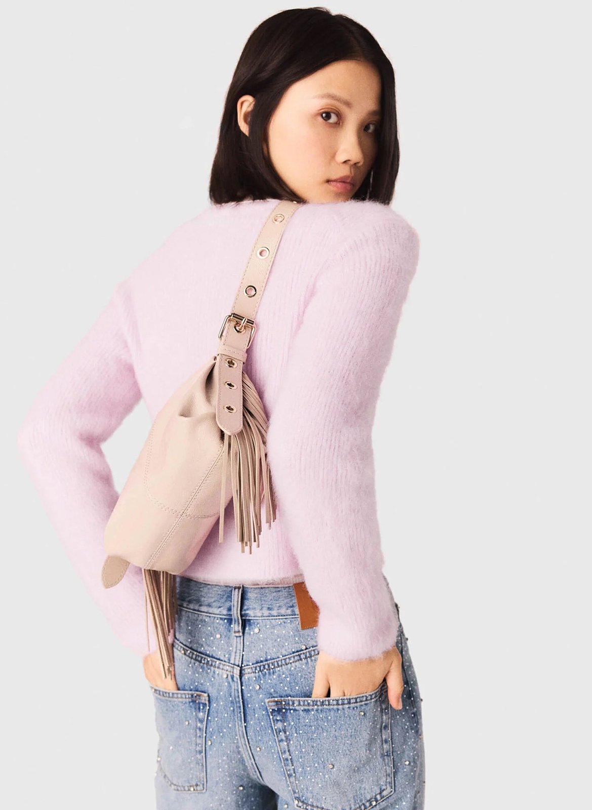 Leren schoudertas met franje MAJE Beige