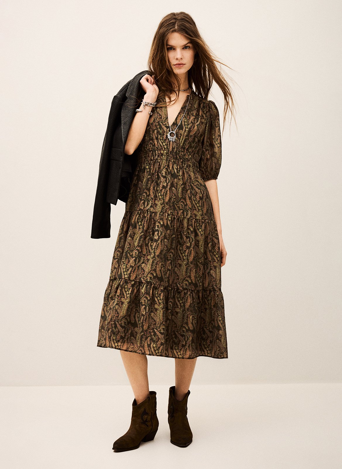 Robe longue col tunisien imprimée BA&SH Kaki