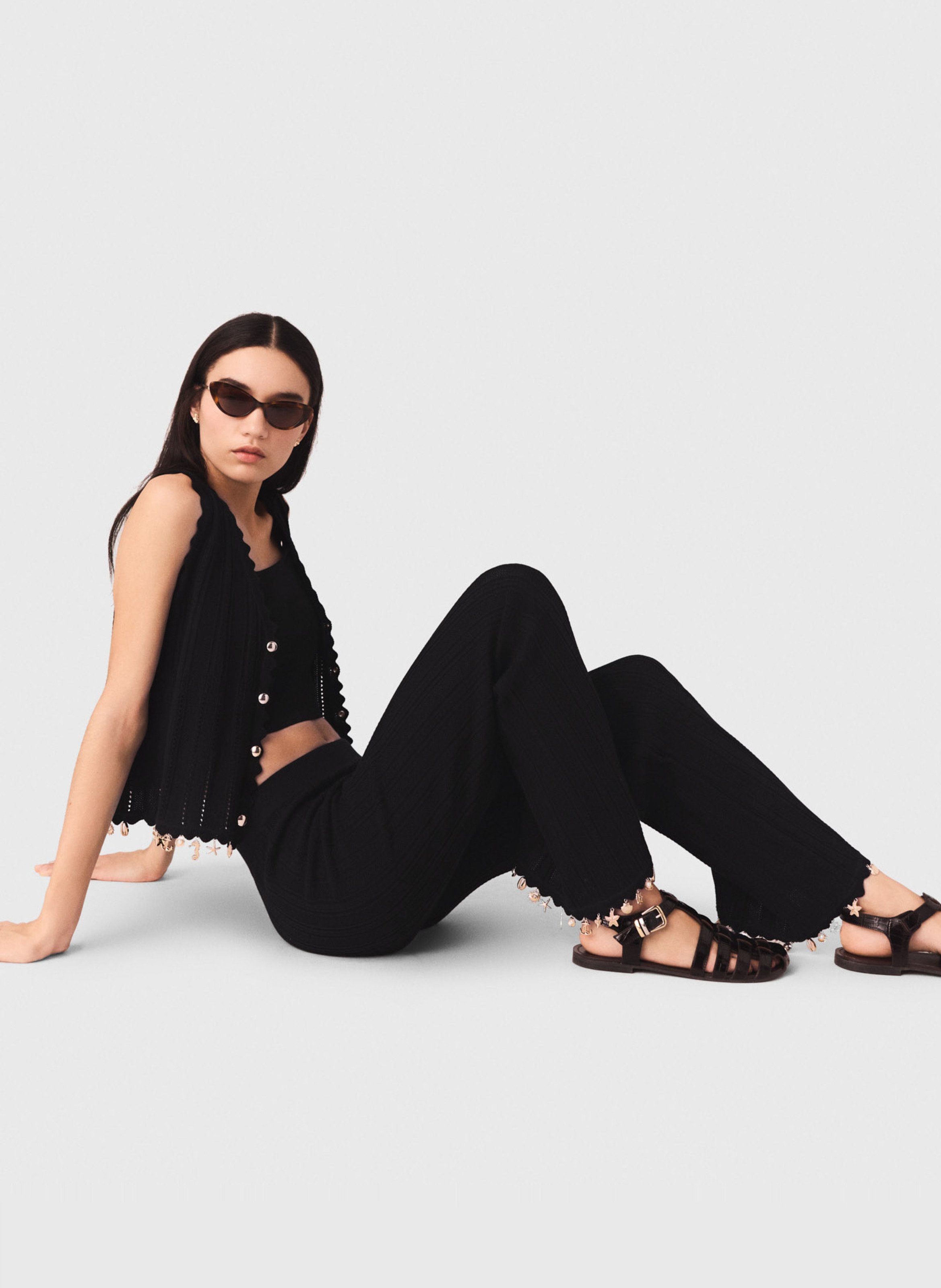 Wijde broek met ribtextuur | katoenblend MAJE Zwart