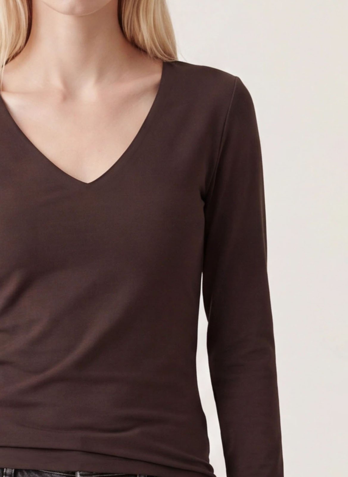 T-shirt uni col V en coton mélangé KOOKAI Marron
