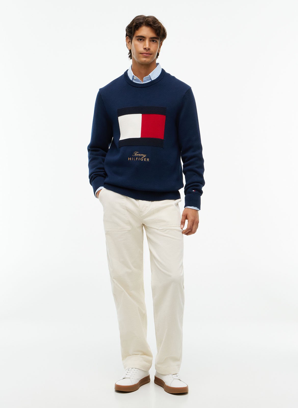 Pull col rond à logo en coton bio  TOMMY HILFIGER Bleu