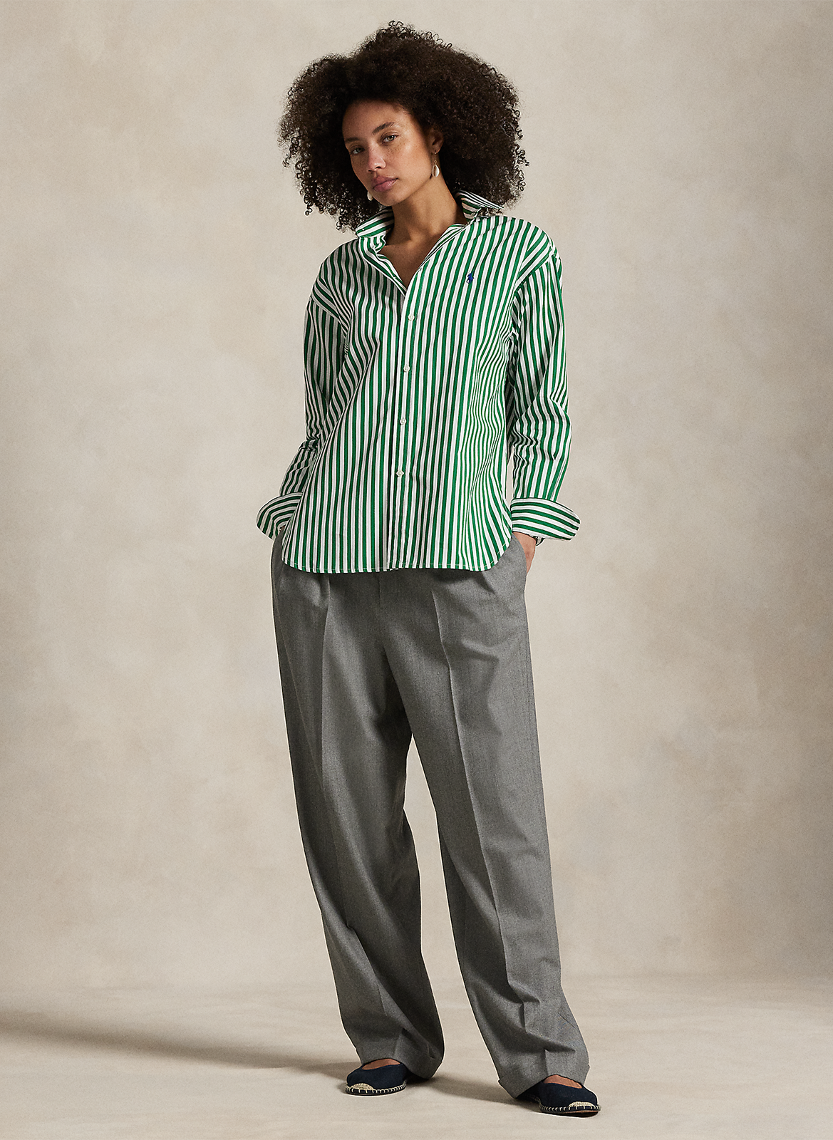 Chemise droite col polo en coton rayé POLO RALPH LAUREN Vert