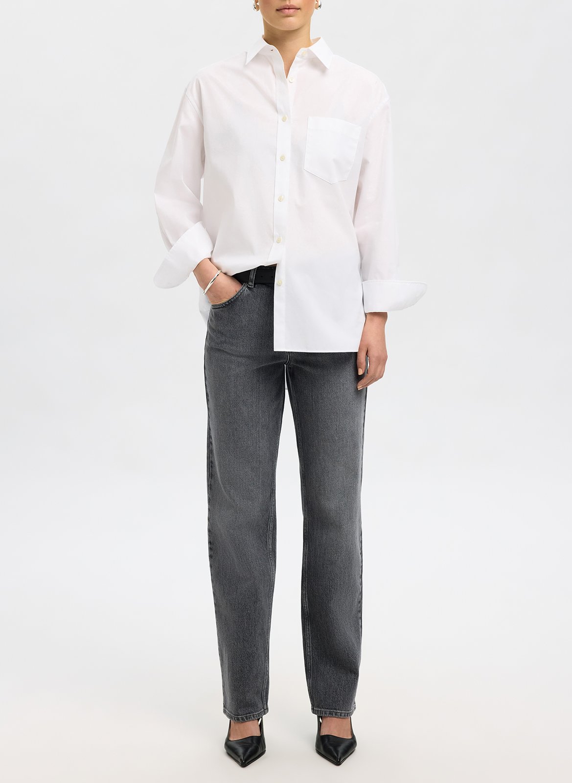 Straight-cut cotton-blend shirt SELECTED White