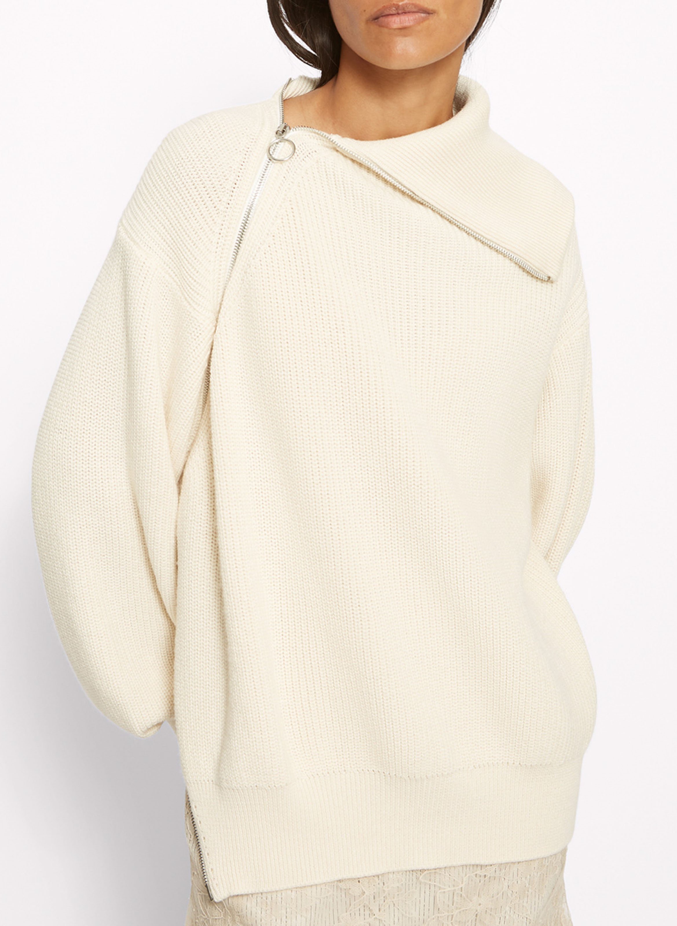 Pull asymétrique zippé en laine mélangée ROSEANNA Beige