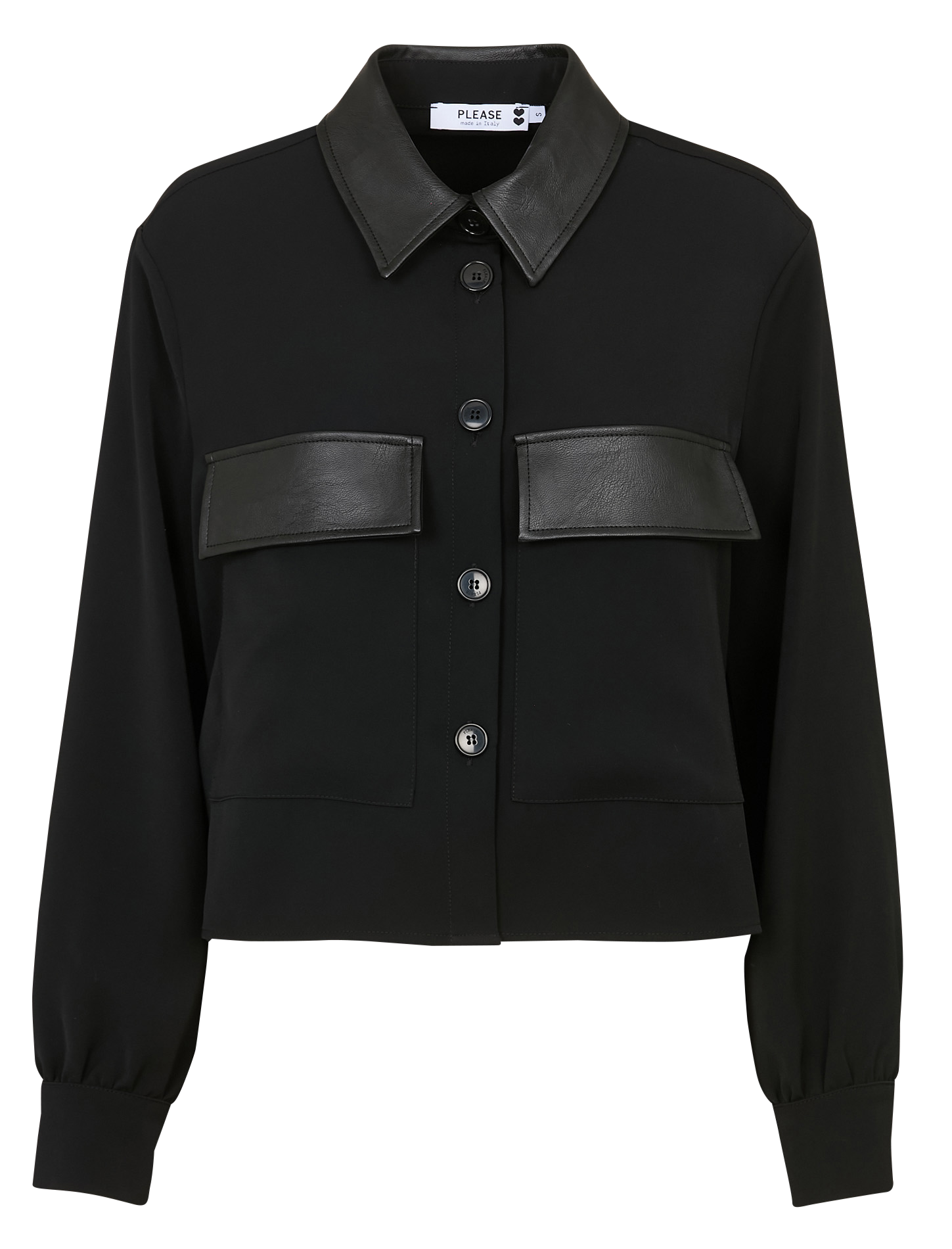 Short solid color jacket with faux leather details PLEASE Black
