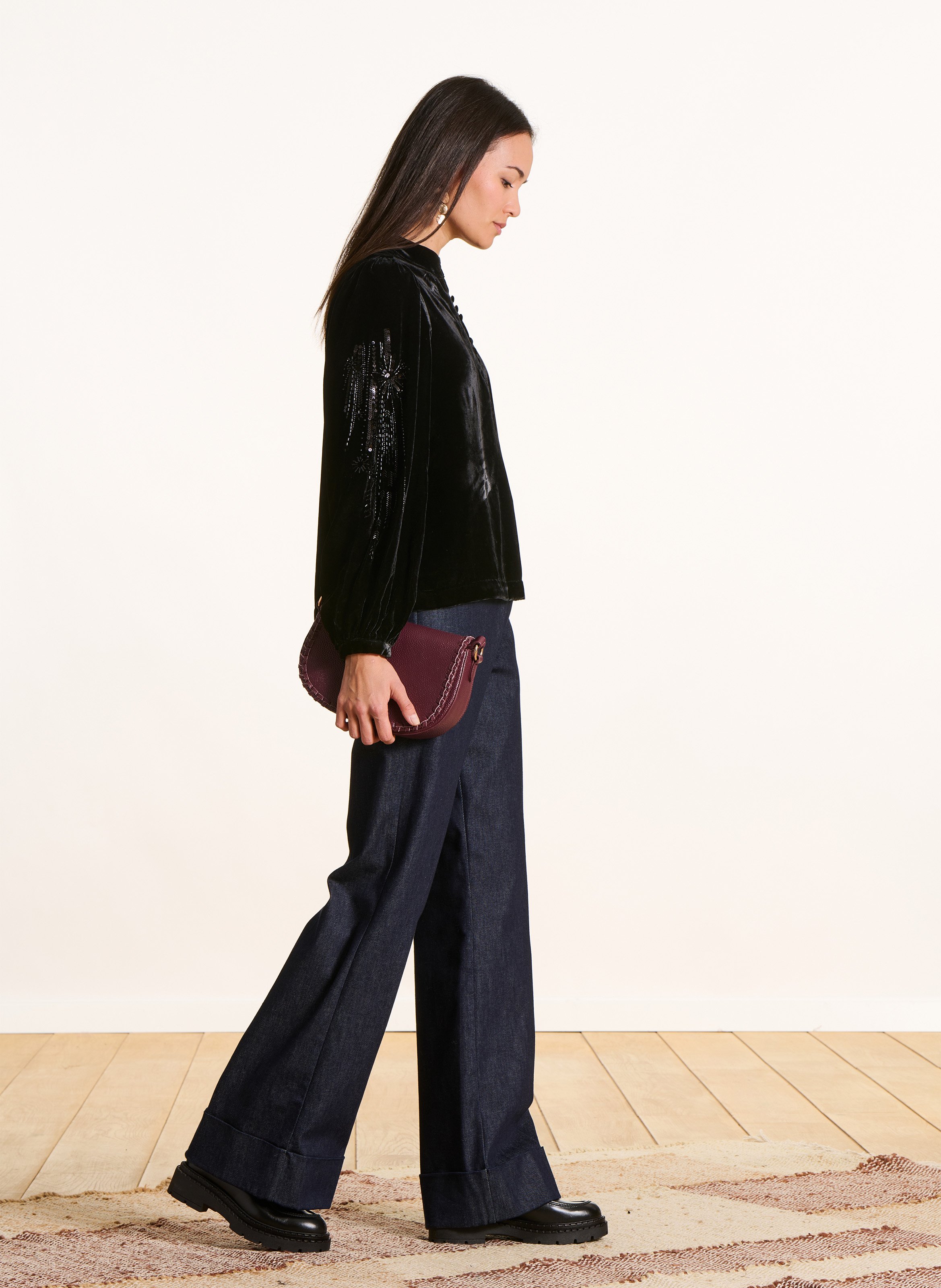 Top droit col tunisien en velours LA FEE MARABOUTEE Noir