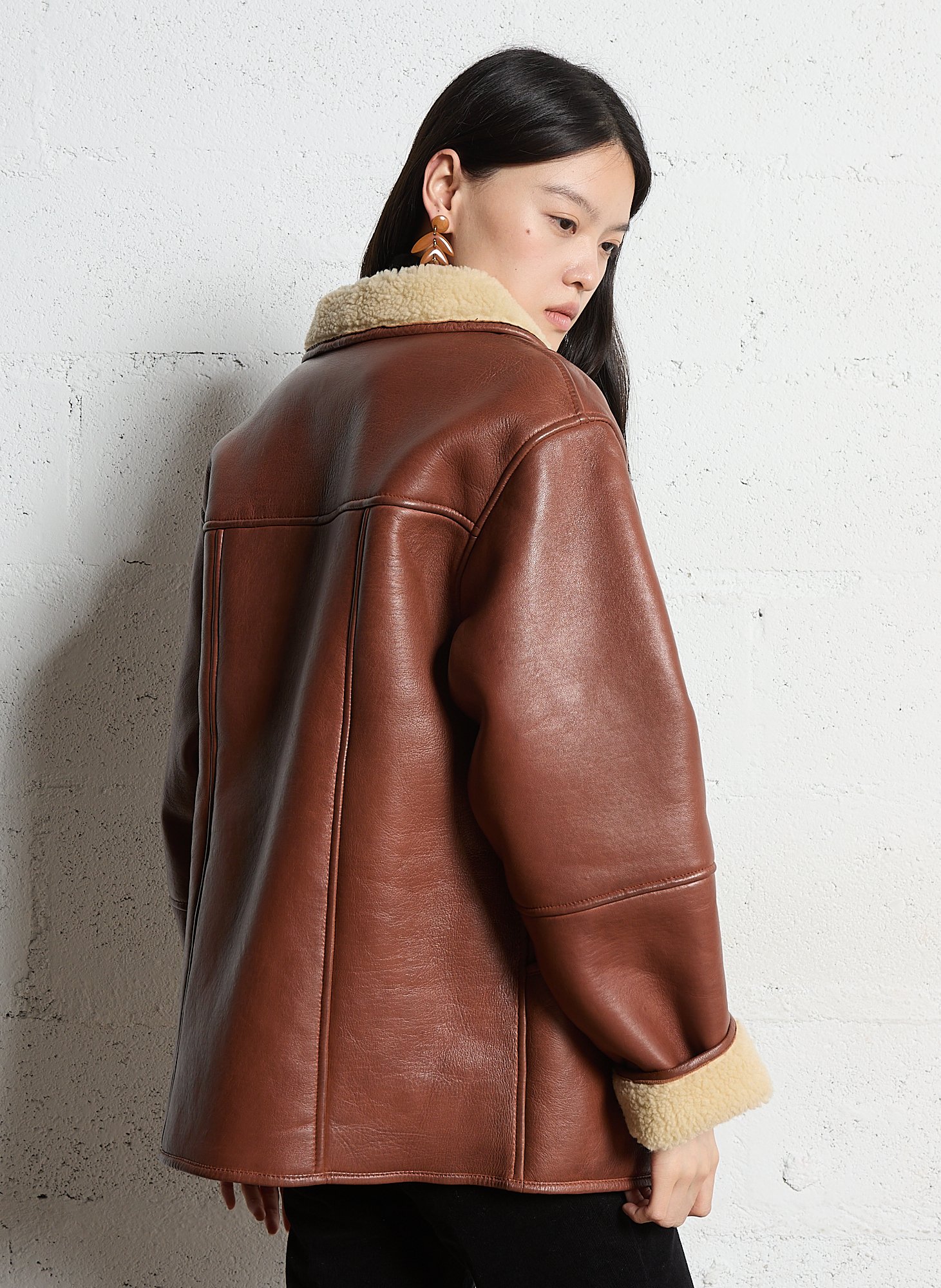 Straight leather jacket with sherpa collar MAISON 123 Beige