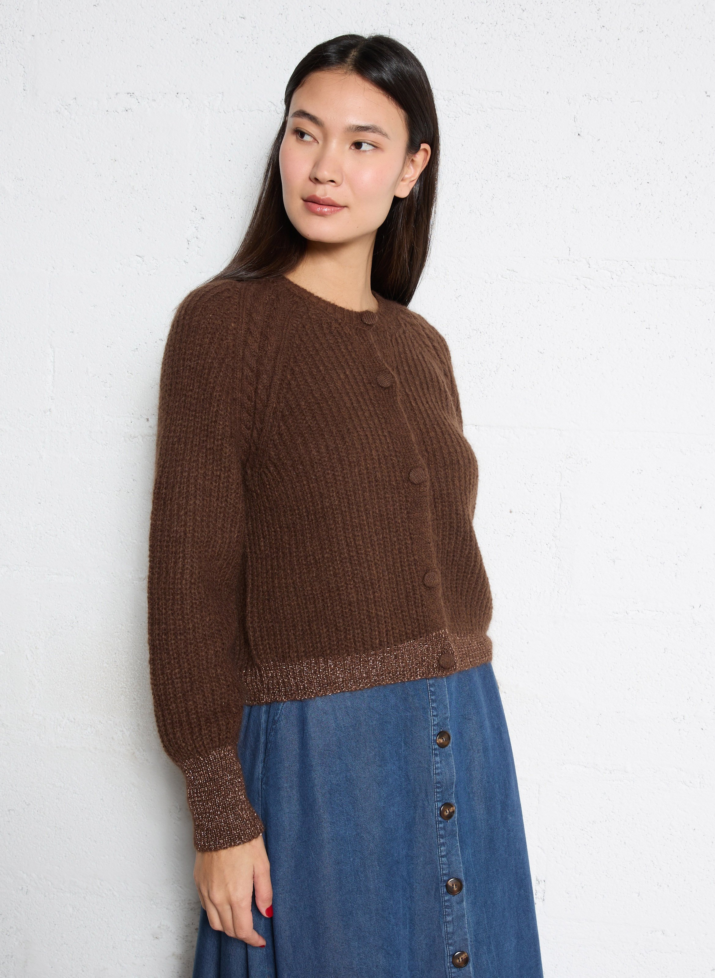 Straight knit cardigan with a shawl collar ONE STEP Brown