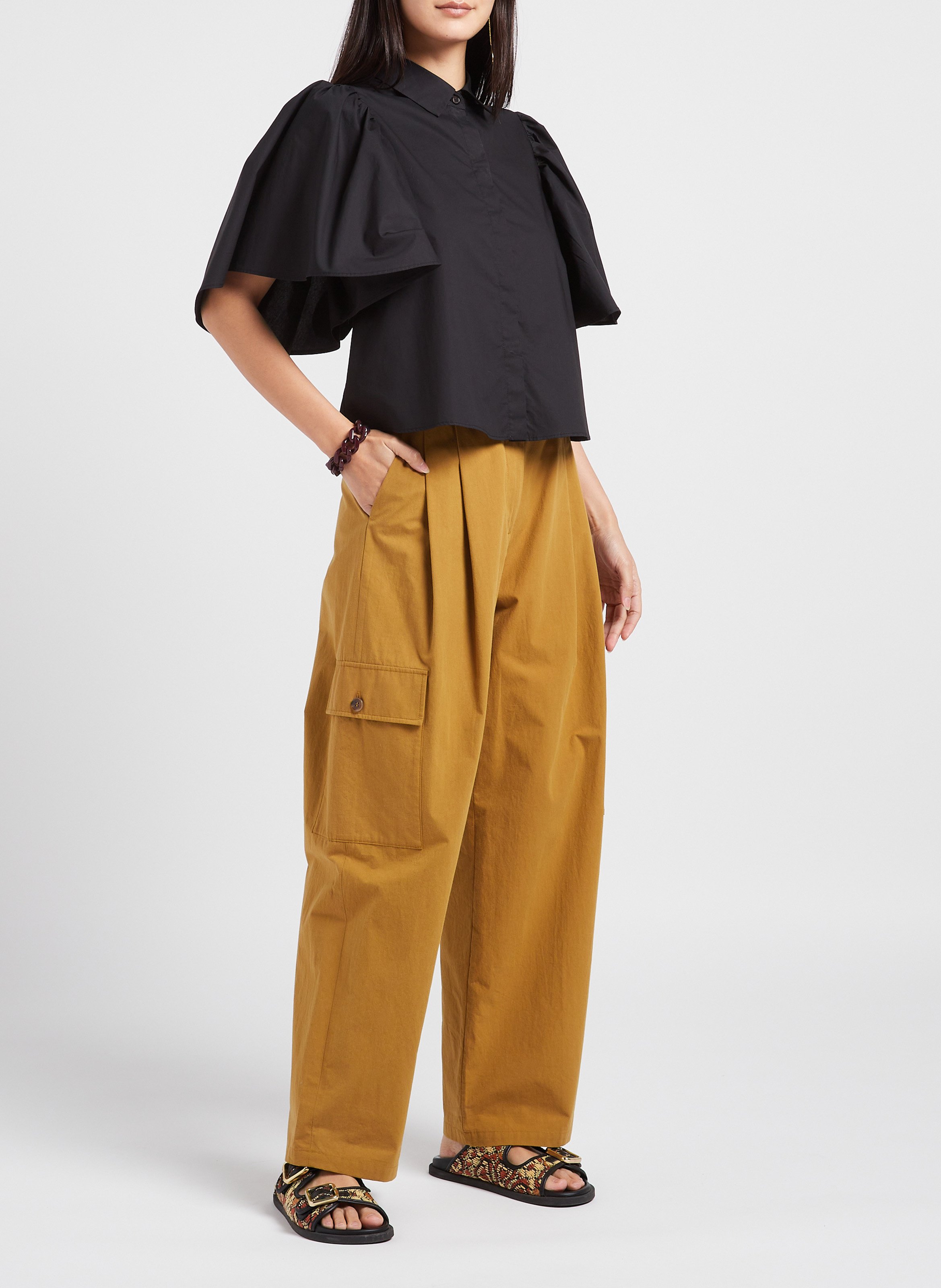 High-rise wide-leg cotton cargo pants Khaki