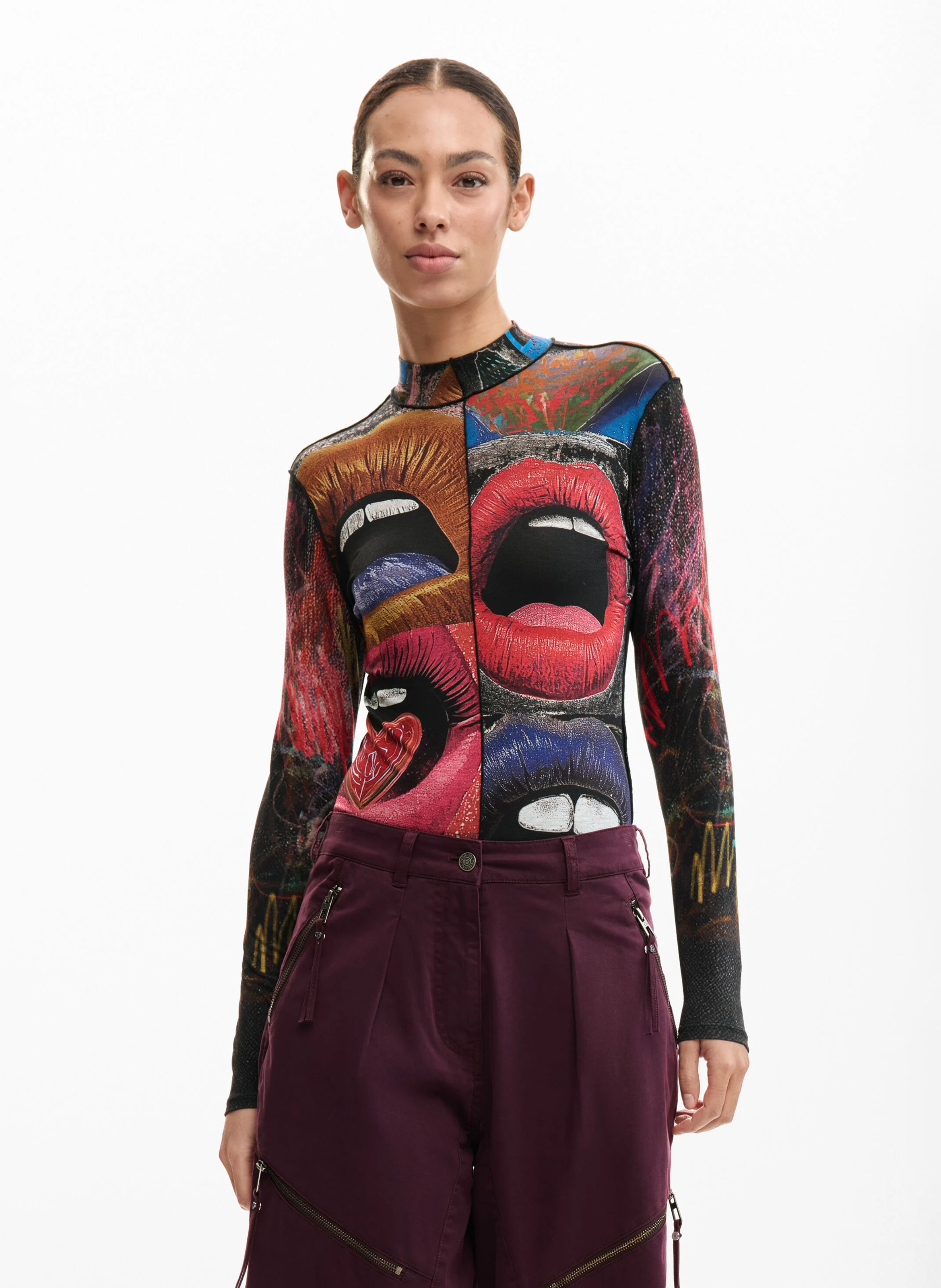 Gestreept T-shirt in marinelook met lange mouwen DESIGUAL Rood
