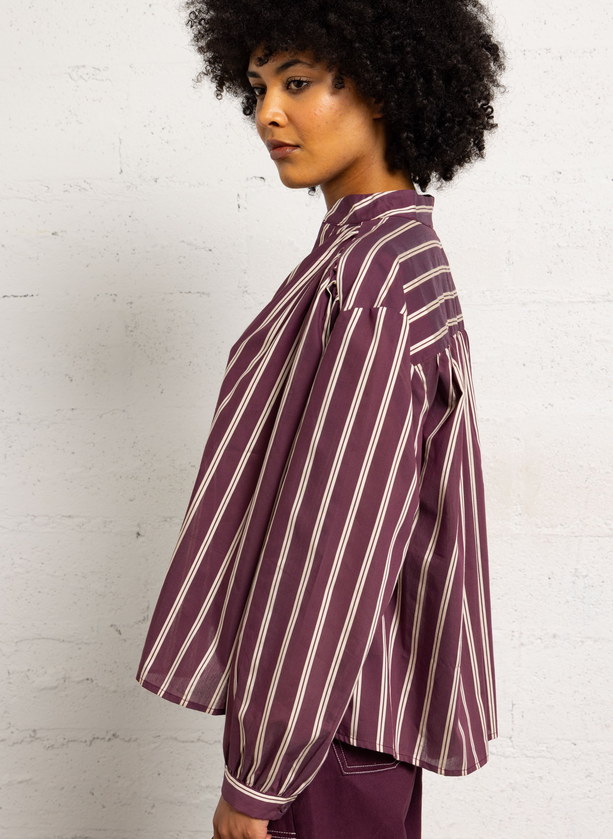 Blouse ample col tunisien rayée SUNCOO Prune