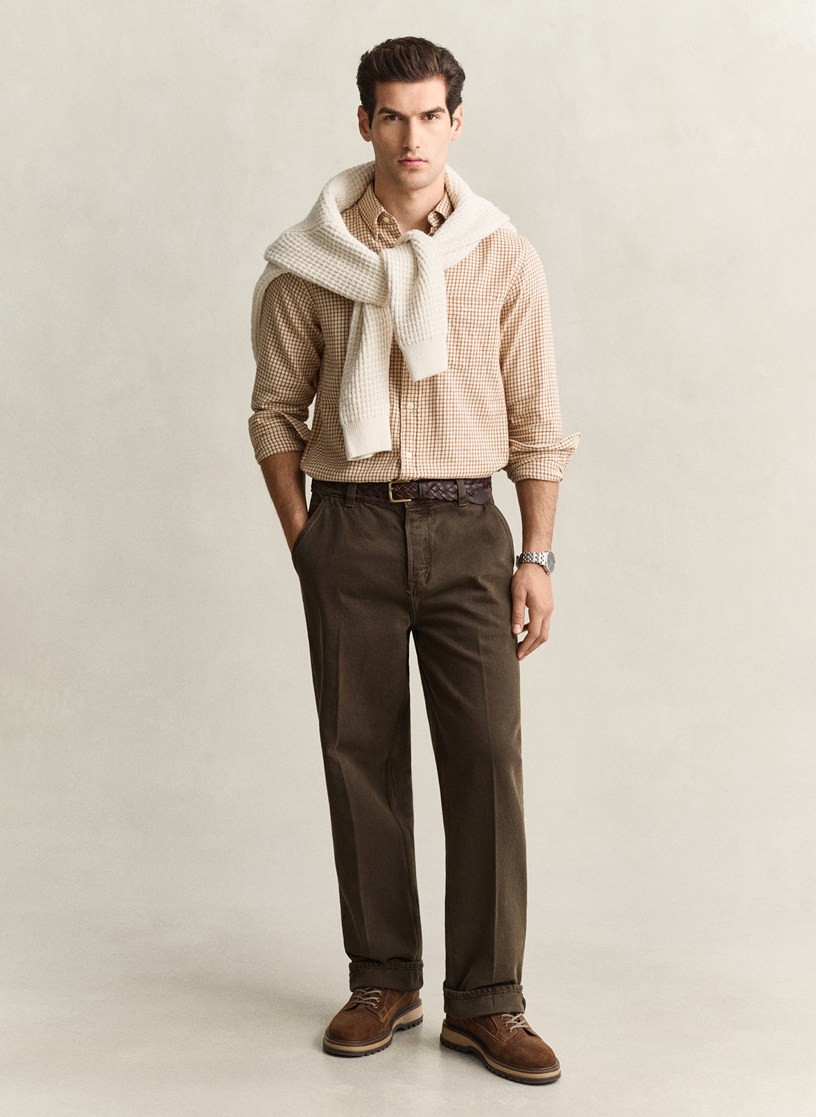 Chemise droite col classique à carreaux en coton GANT Marron