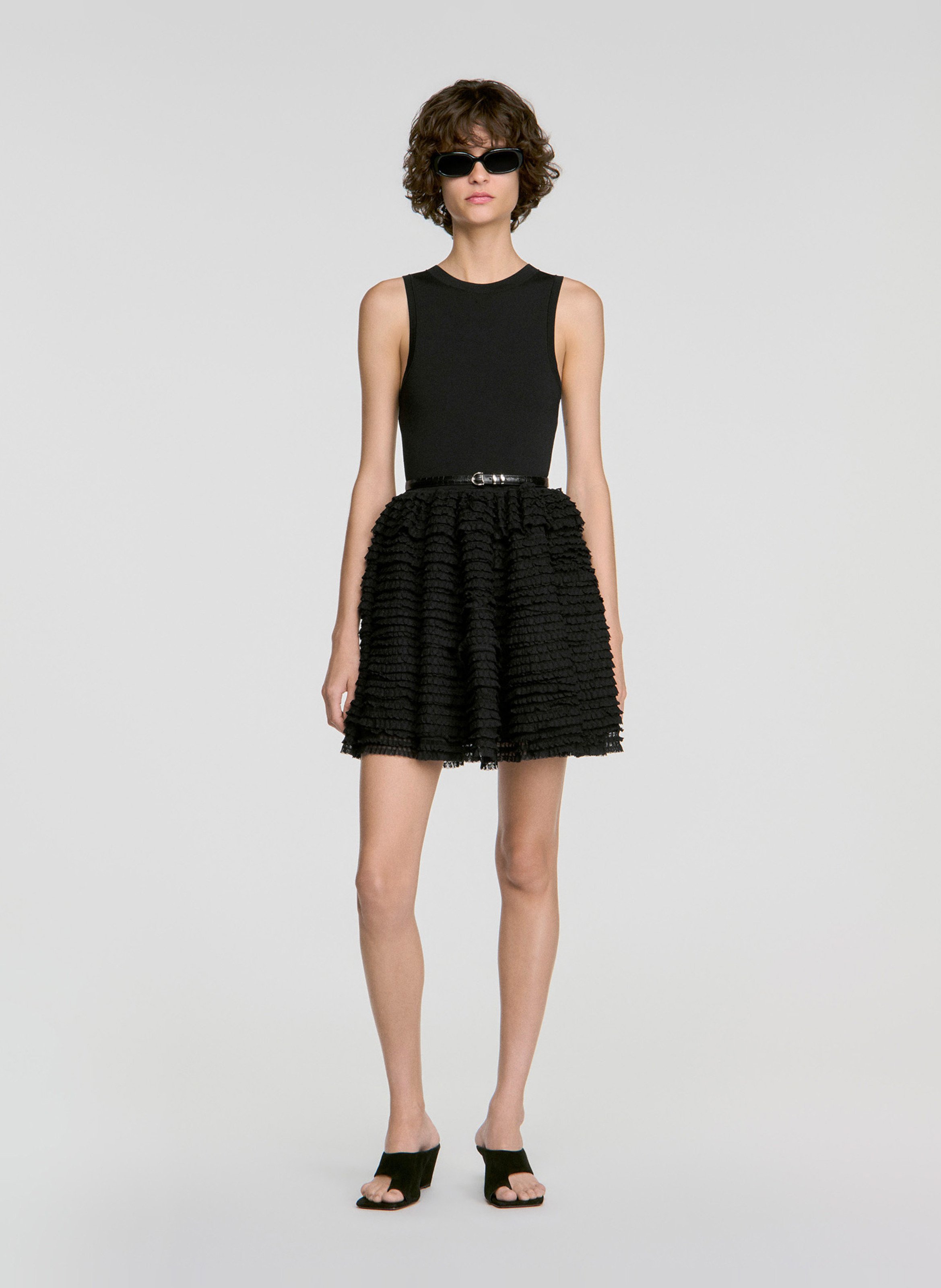 Robe courte évasée à volants SANDRO Noir