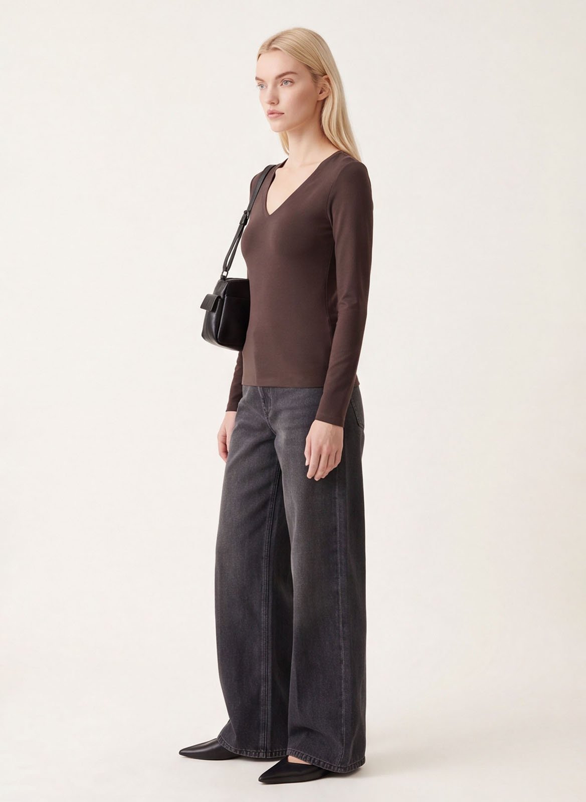 T-shirt uni col V en coton mélangé KOOKAI Marron