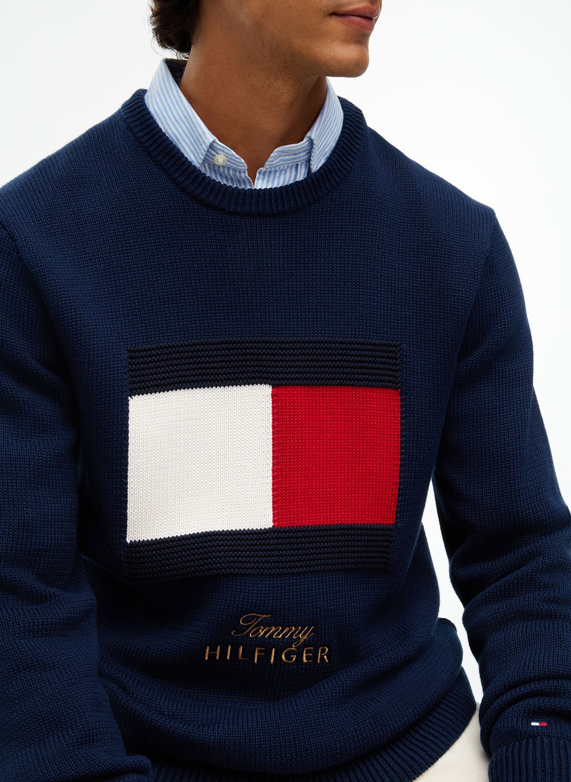 Pull col rond à logo en coton bio  TOMMY HILFIGER Bleu