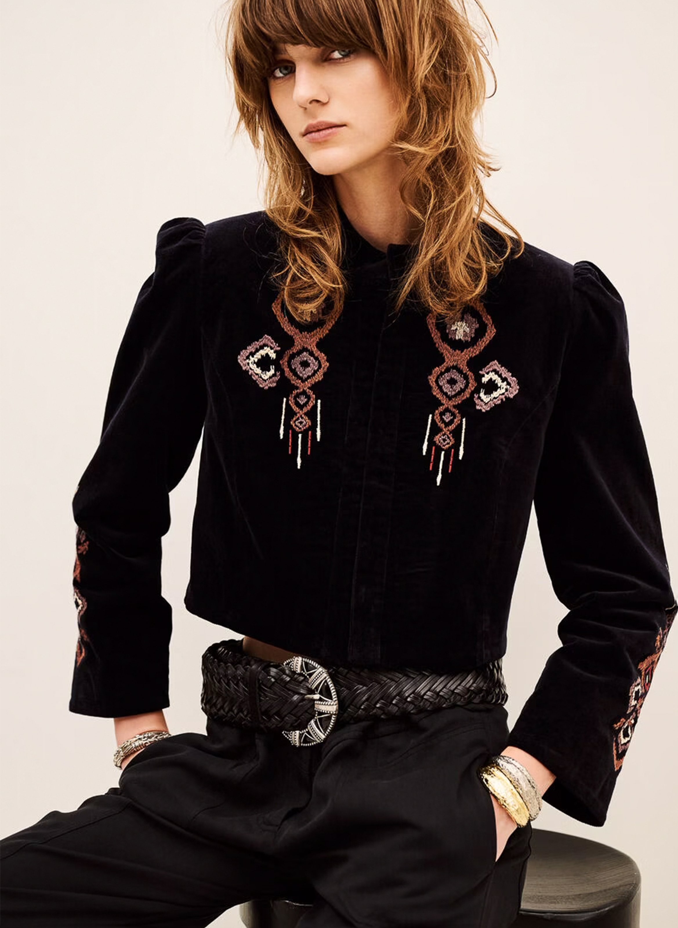 Veste courte col officier brodée en coton mélangé BA&SH Noir