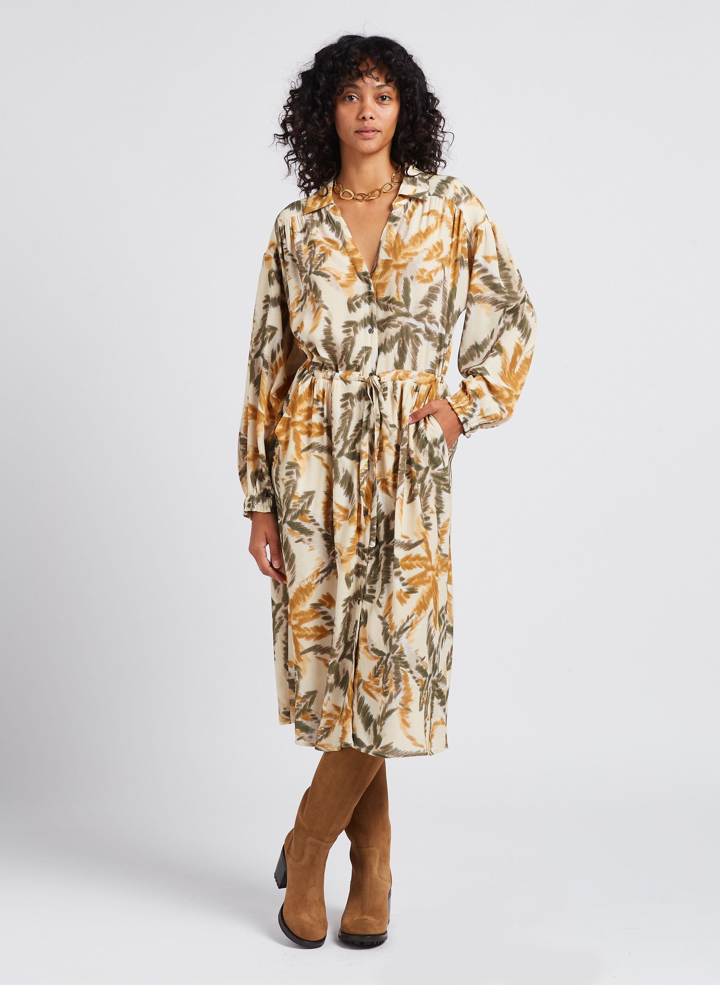 Beige Long straight cut printed dress with classic collar