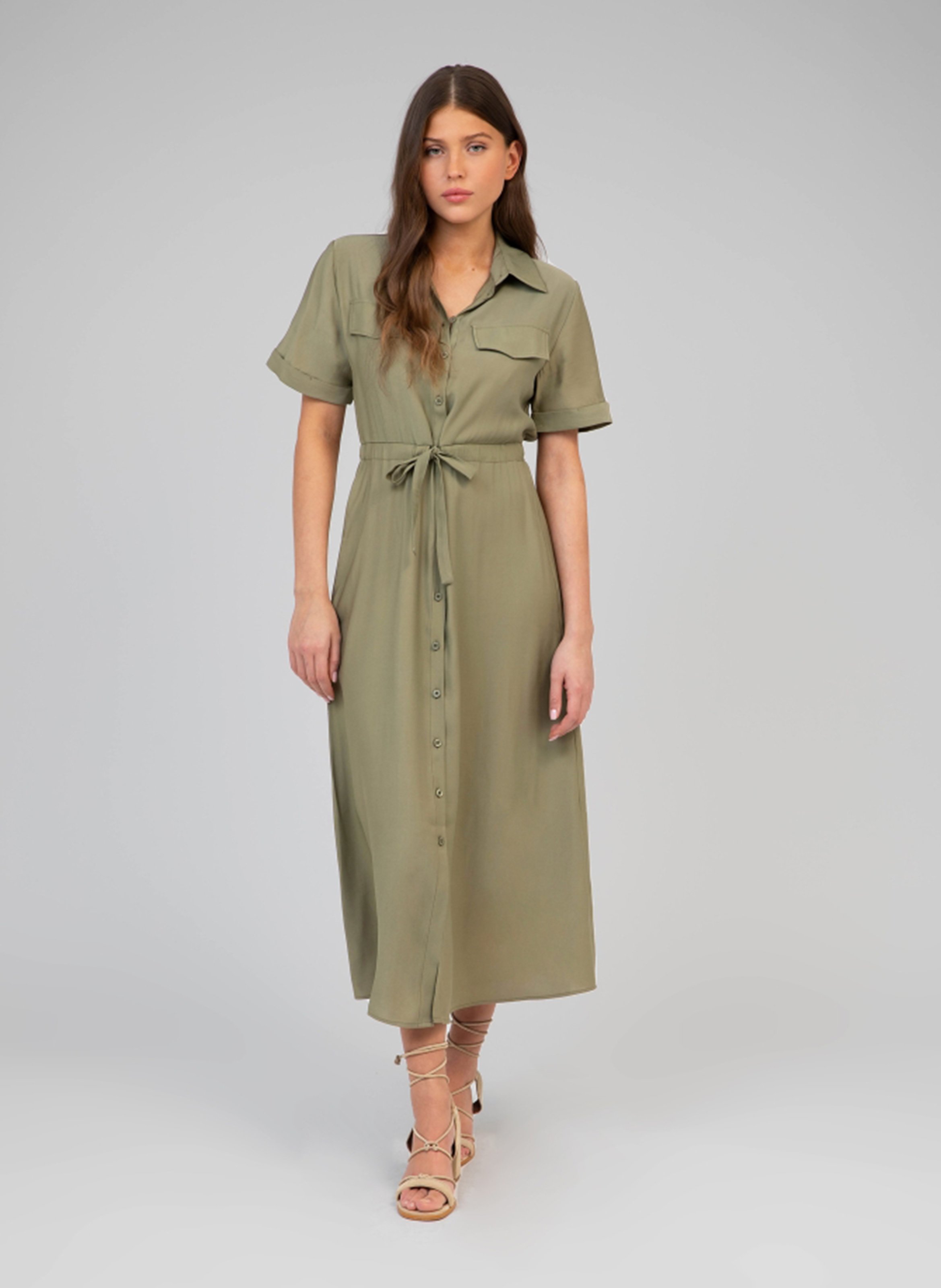 Short-sleeved dress with belt AN'GE Khaki