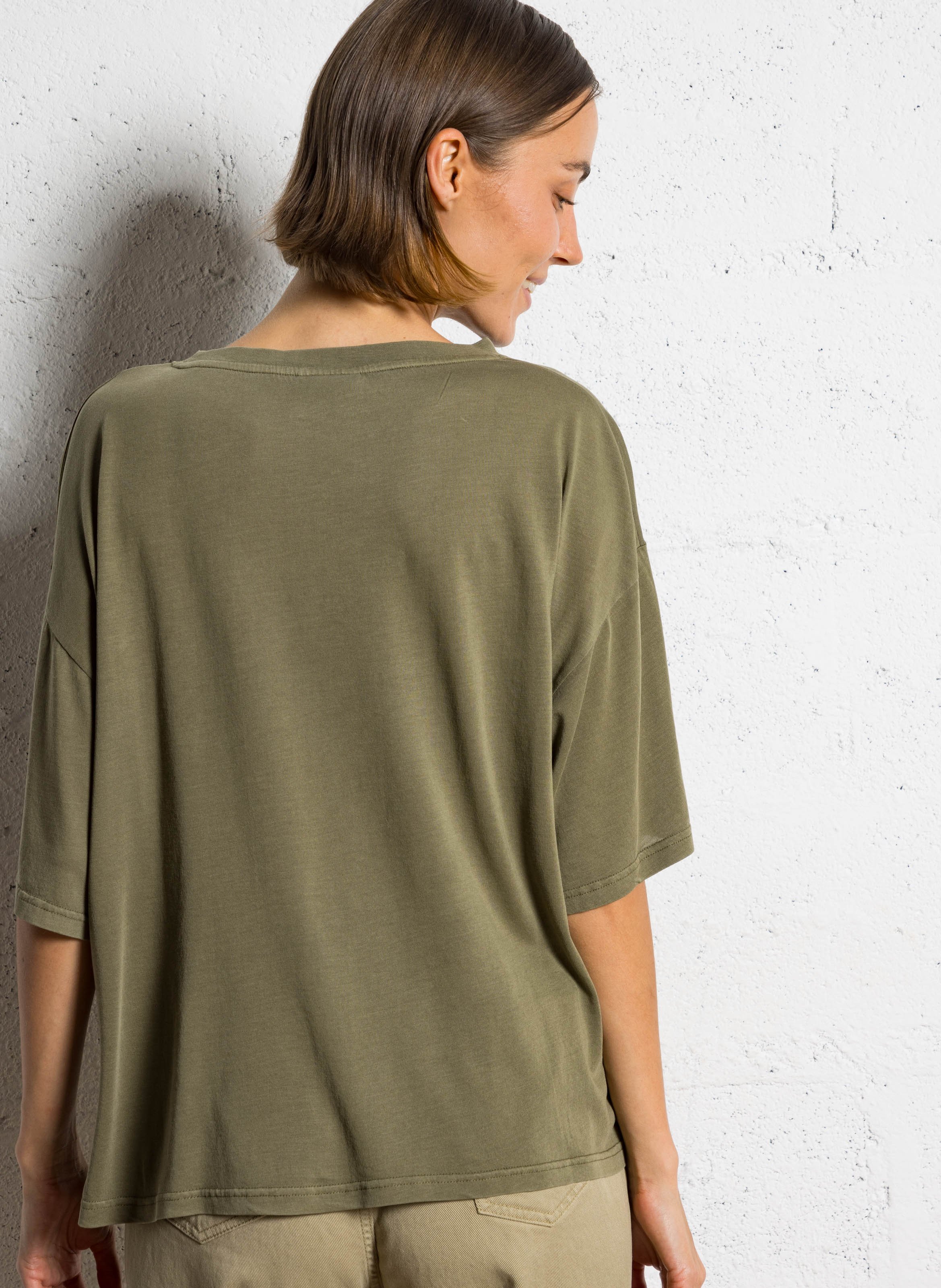 Einfarbiges Langarm-Top mit Rundhalsausschnitt Khaki