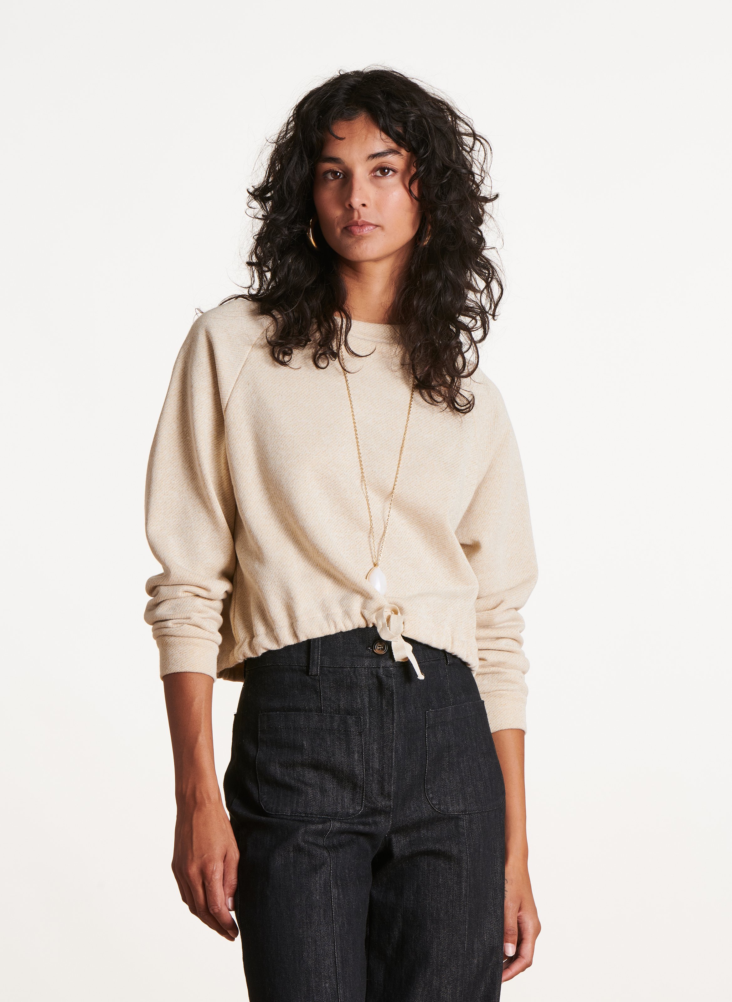 Kurzer weiter Baumwollmisch-Sweater LA FEE MARABOUTEE Weiss