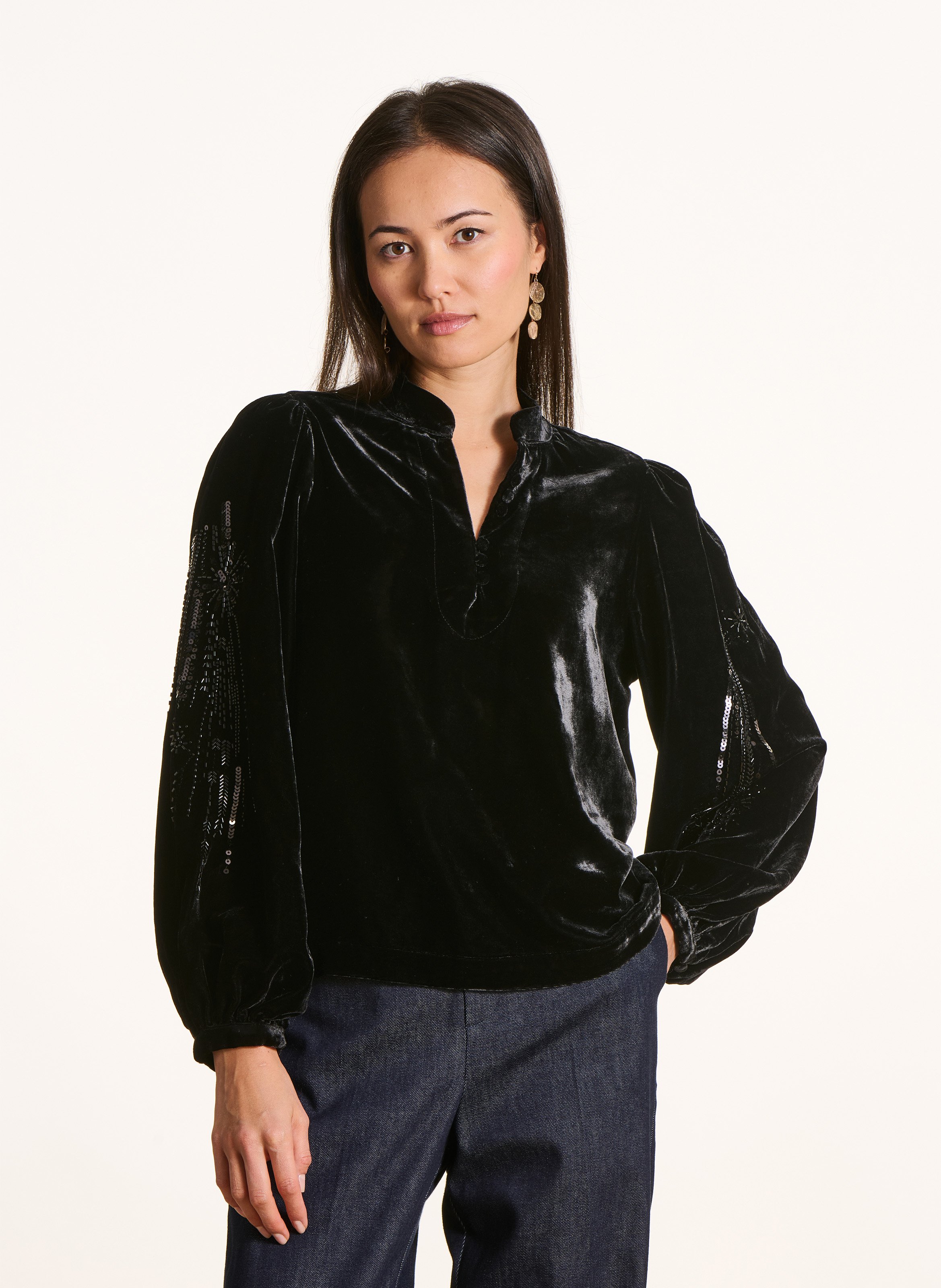 Top droit col tunisien en velours LA FEE MARABOUTEE Noir