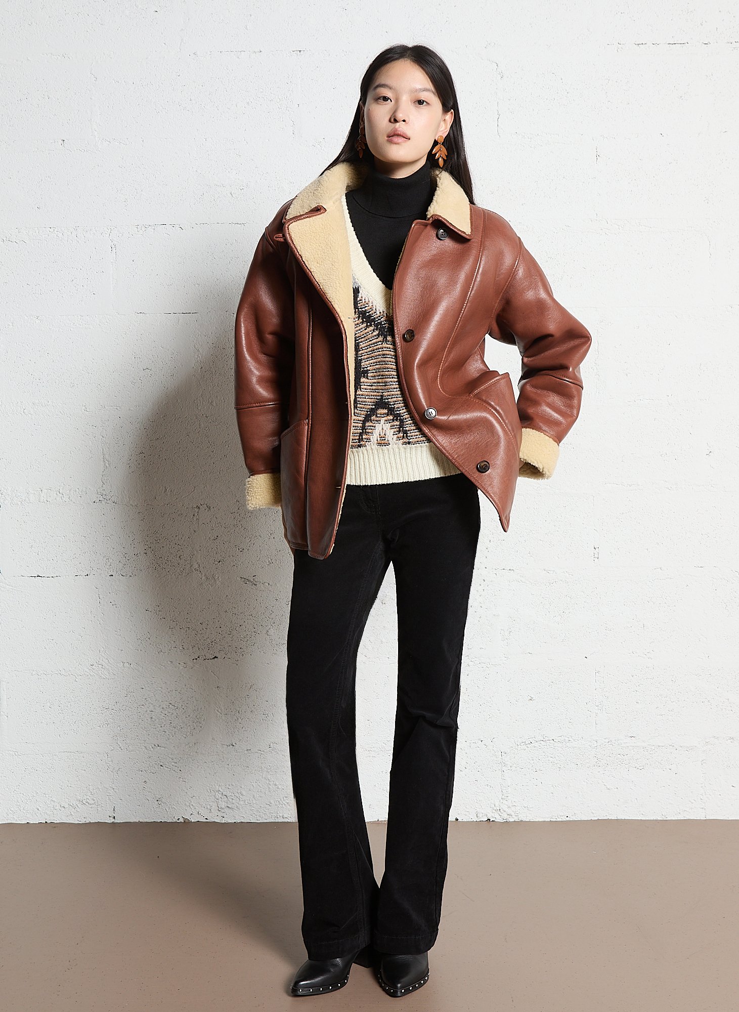 Straight leather jacket with sherpa collar MAISON 123 Beige