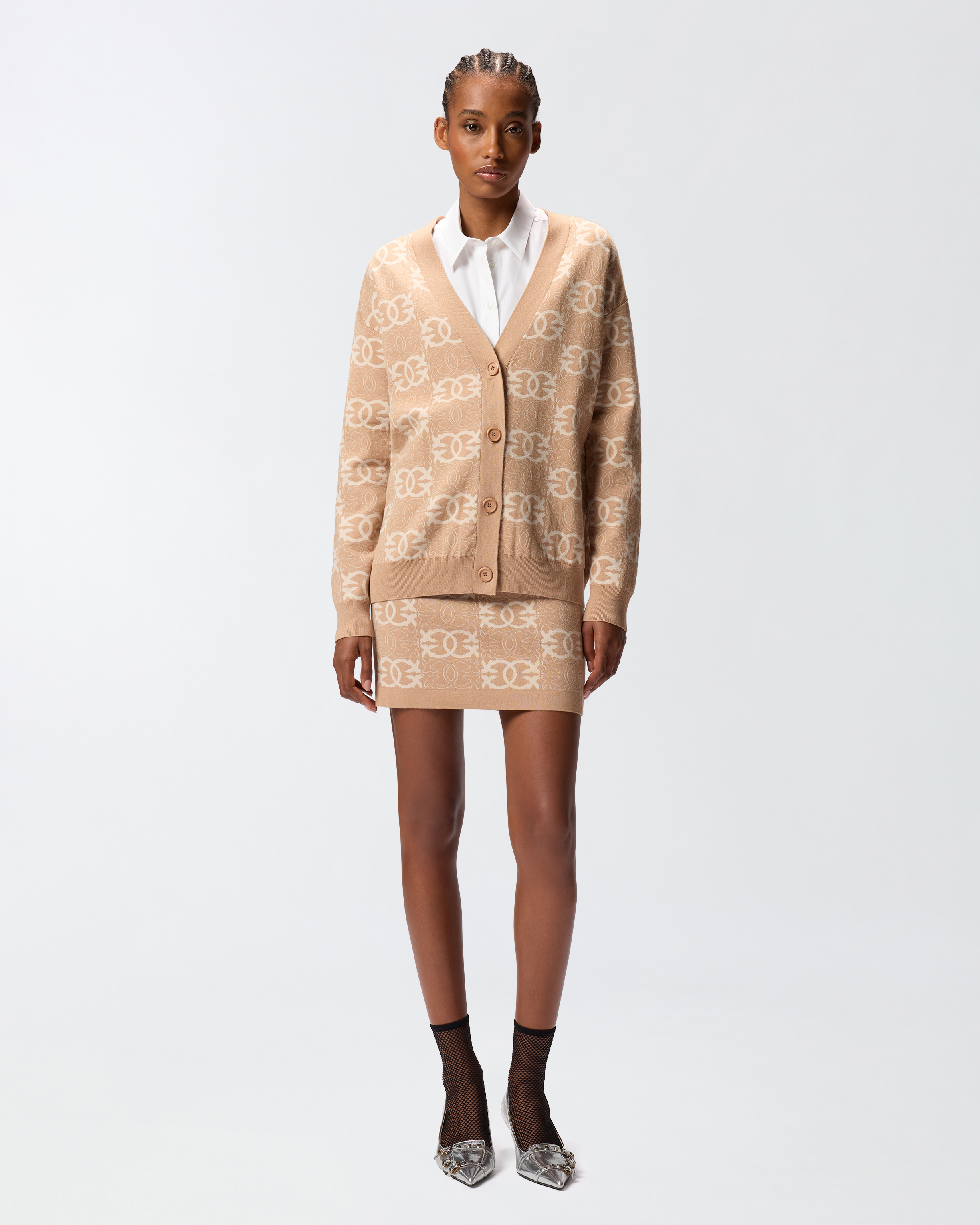 Cardigan with love birds logo PINKO Brown