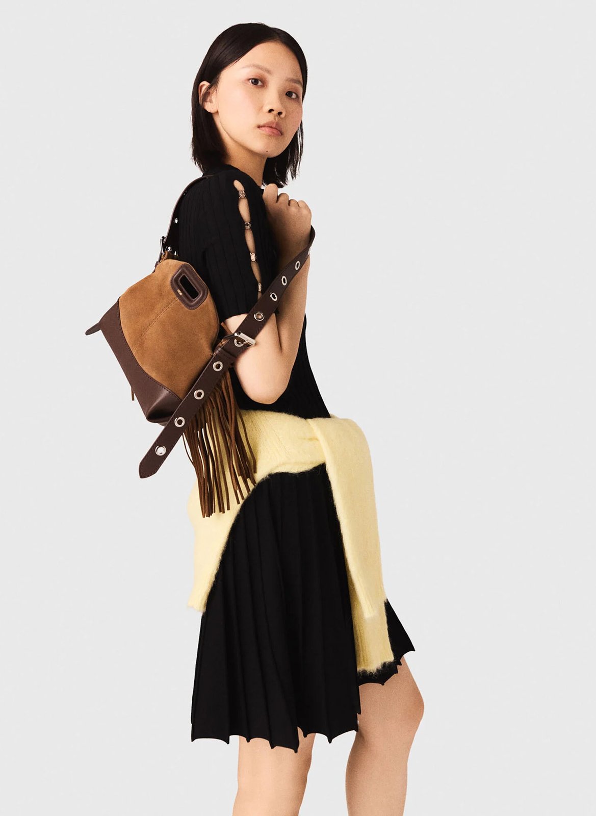 Schoudertas met franjes en dubbel materiaal MAJE Bruin