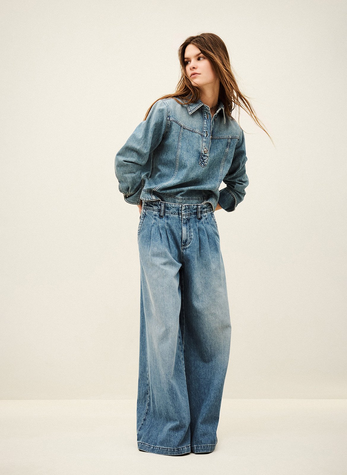 Pantalon large à pinces délavé Bleu