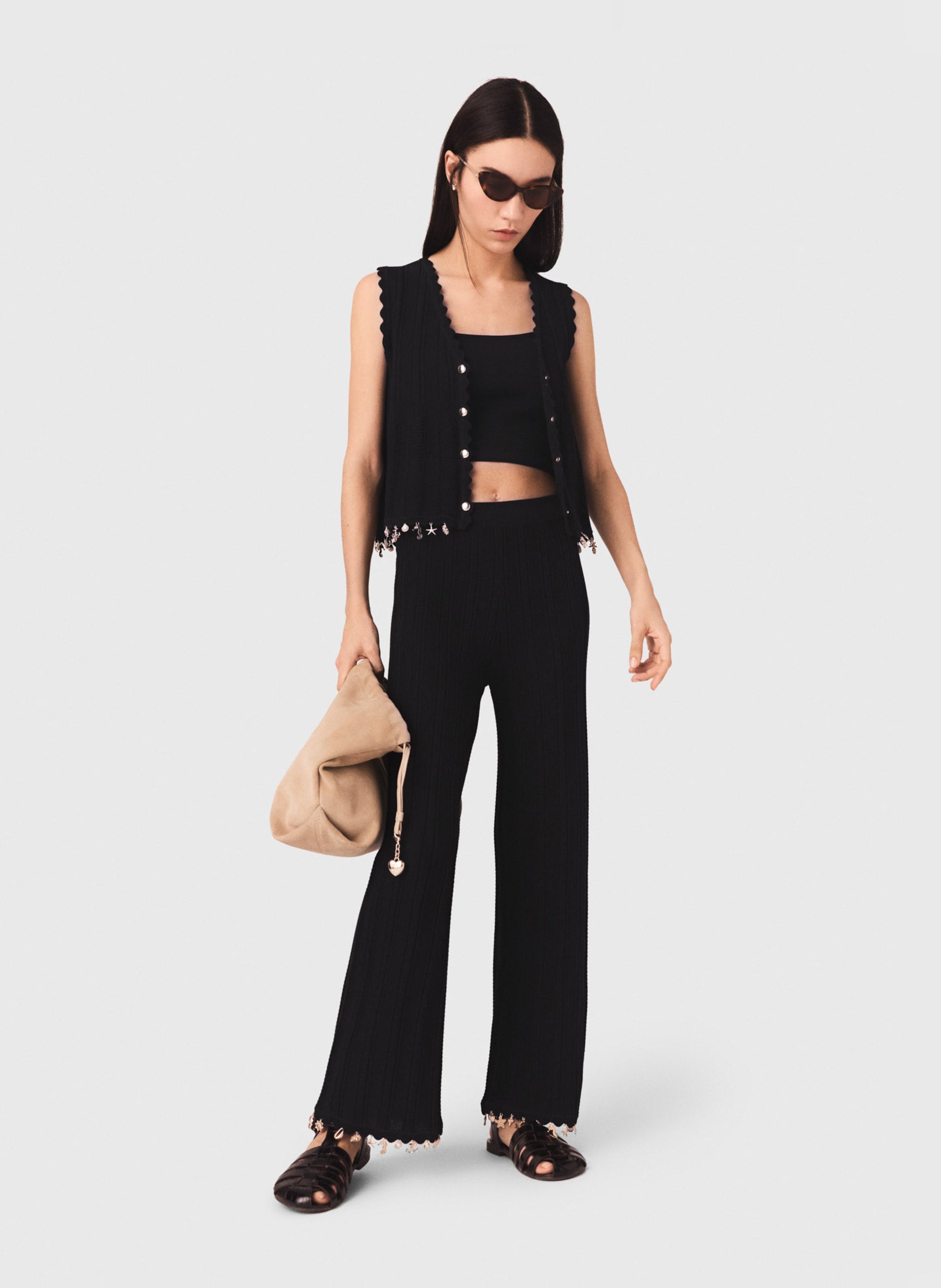 Wijde broek met ribtextuur | katoenblend MAJE Zwart