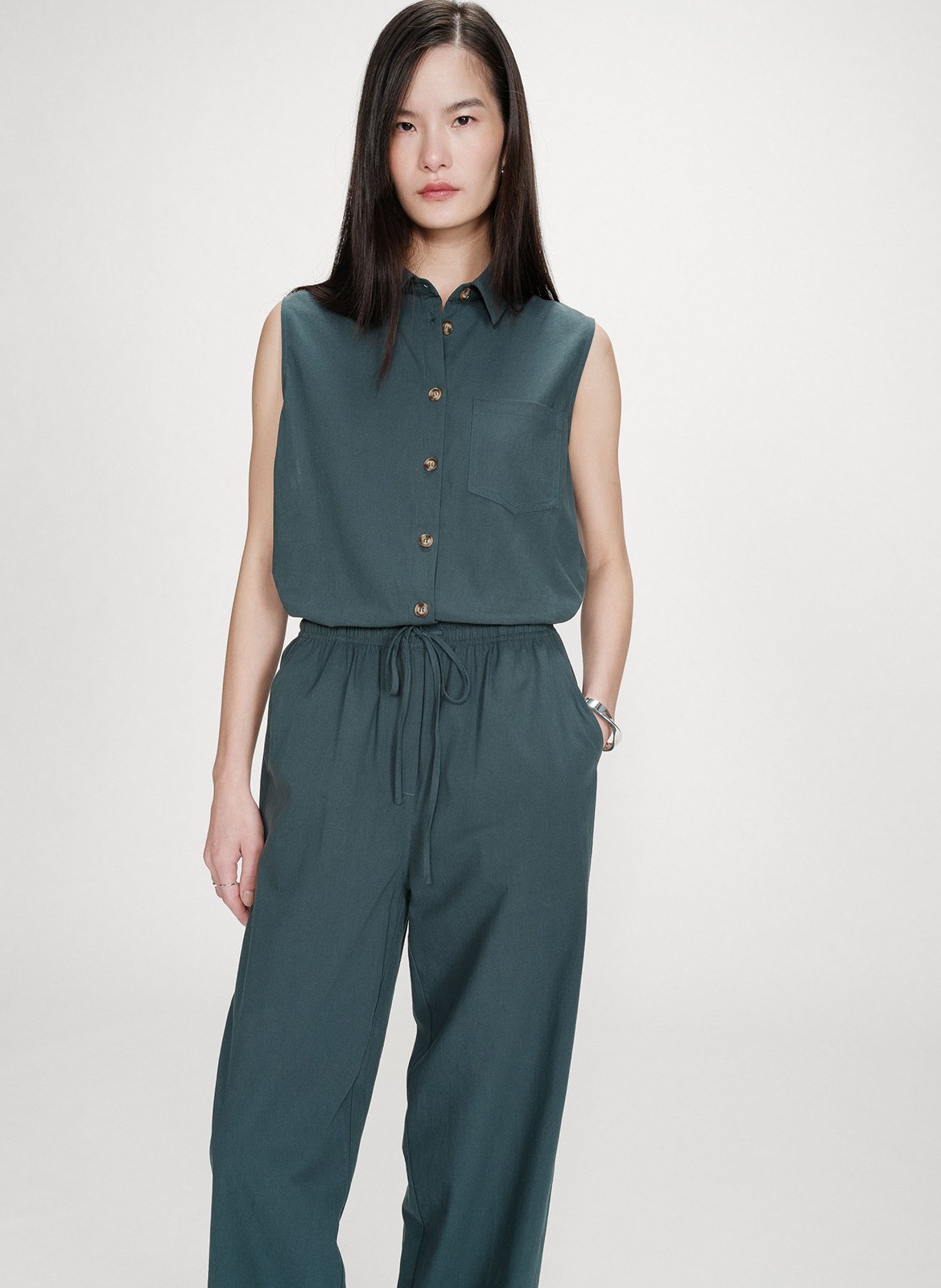Straight elasticated plain cotton trousers GRACE ET MILA Green