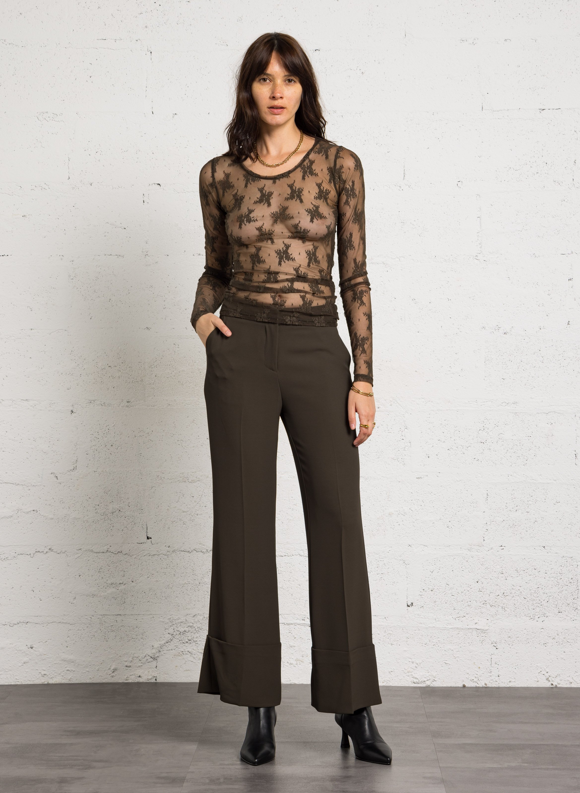 Pantalon palazzo fluide à grands revers IMPERIAL Vert