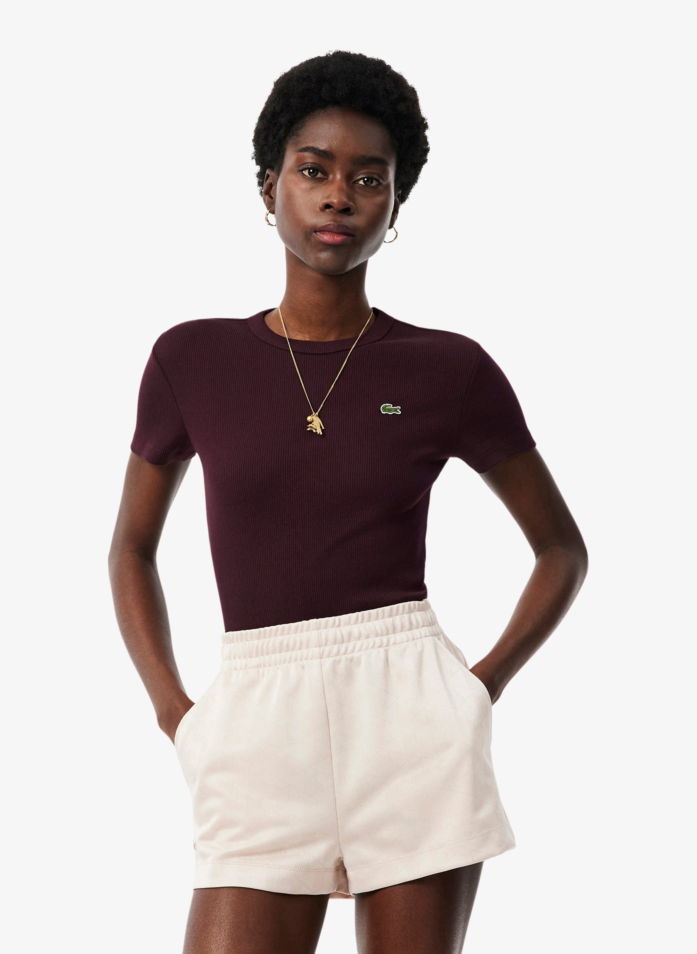 Tee-shirt moulant col rond en coton LACOSTE Rouge