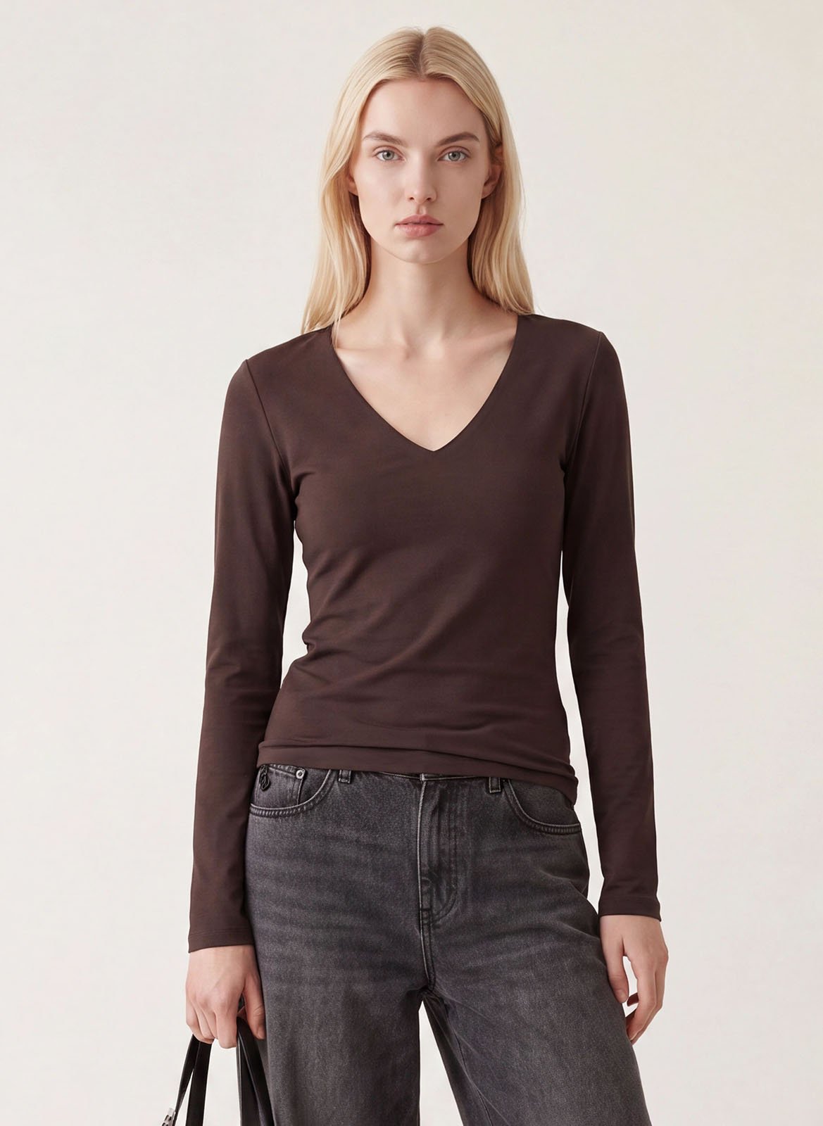 T-shirt uni col V en coton mélangé KOOKAI
