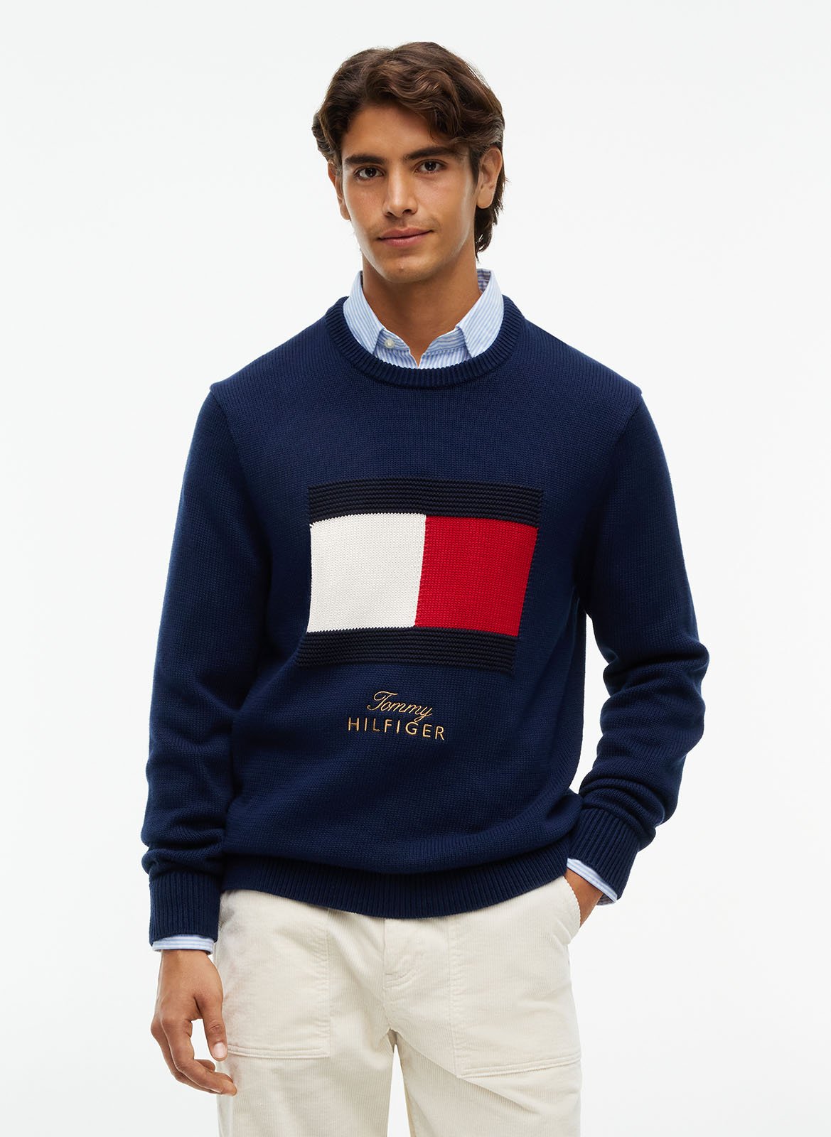 Pull col rond à logo en coton bio  TOMMY HILFIGER Bleu