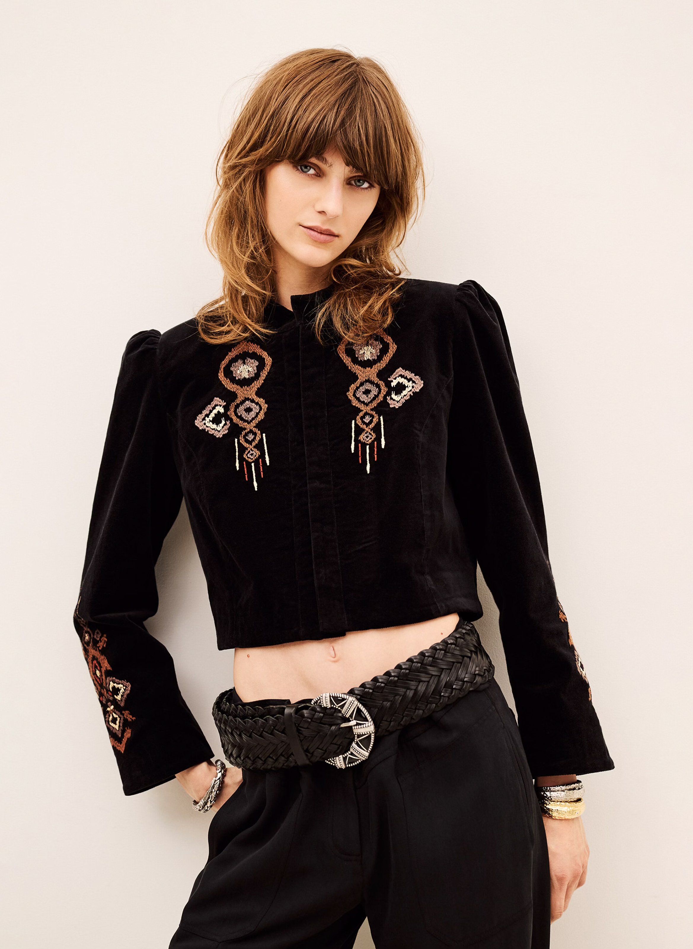 Veste courte col officier brodée en coton mélangé BA&SH Noir