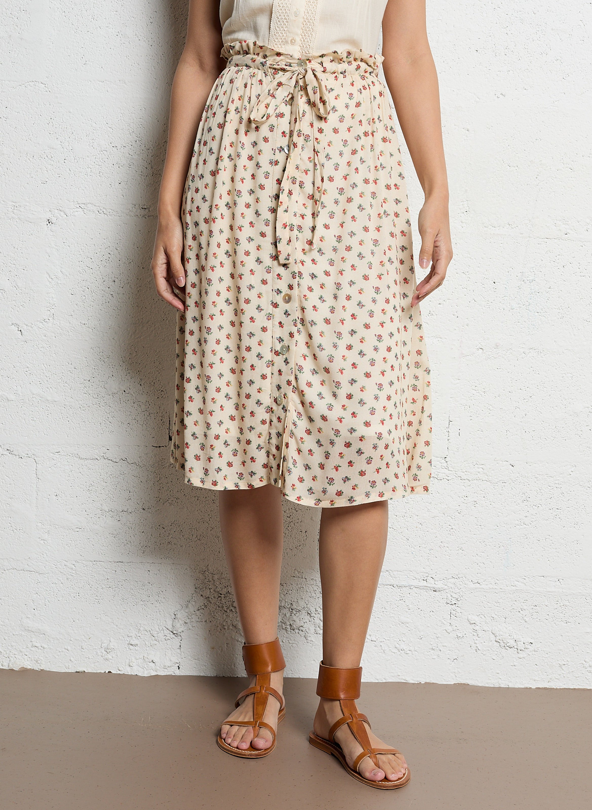 Jupe midi imprimé fleuri EMILE ET IDA Beige