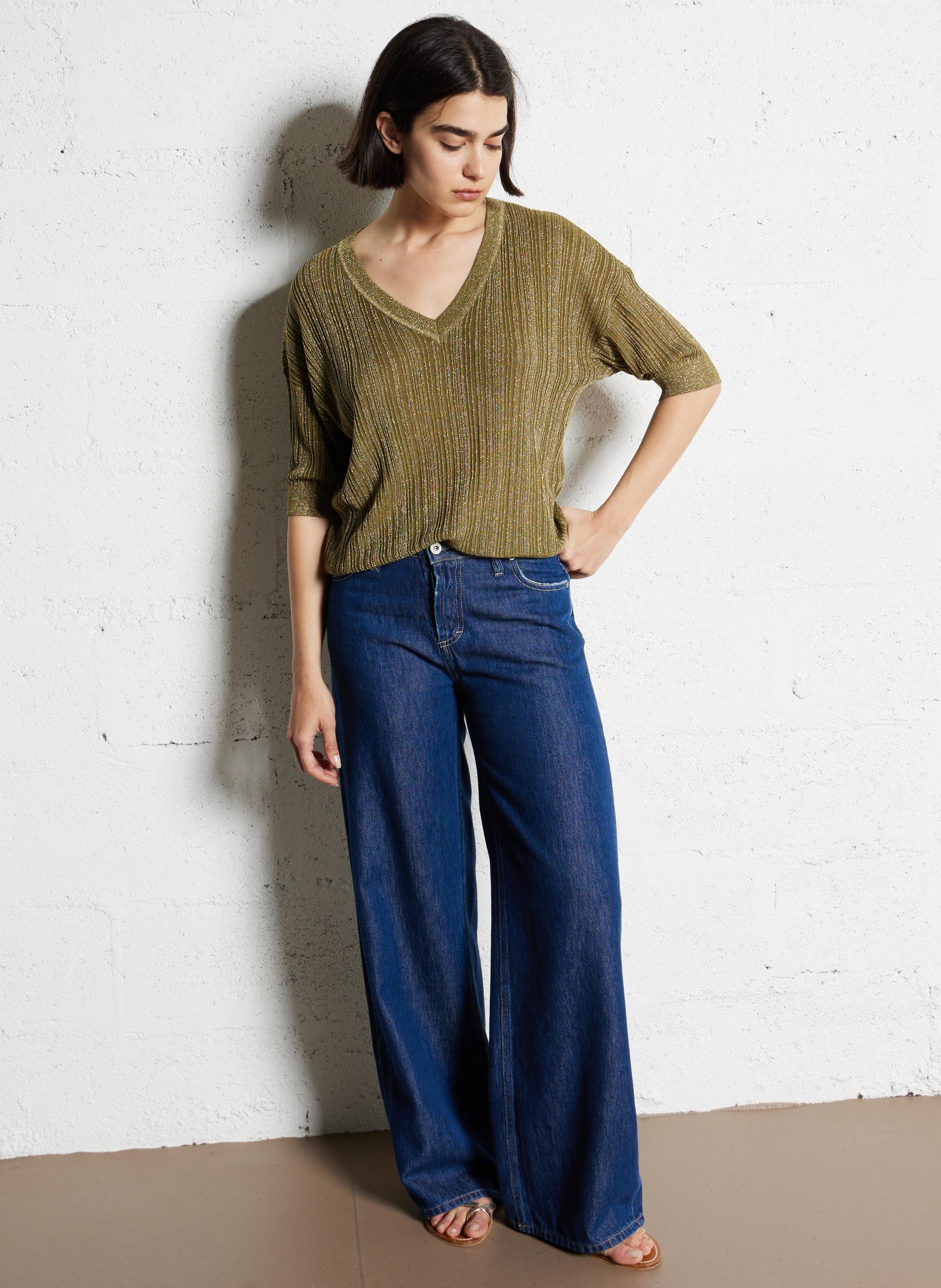 Pullover mit V-Ausschnitt im Metallic-Look Grun