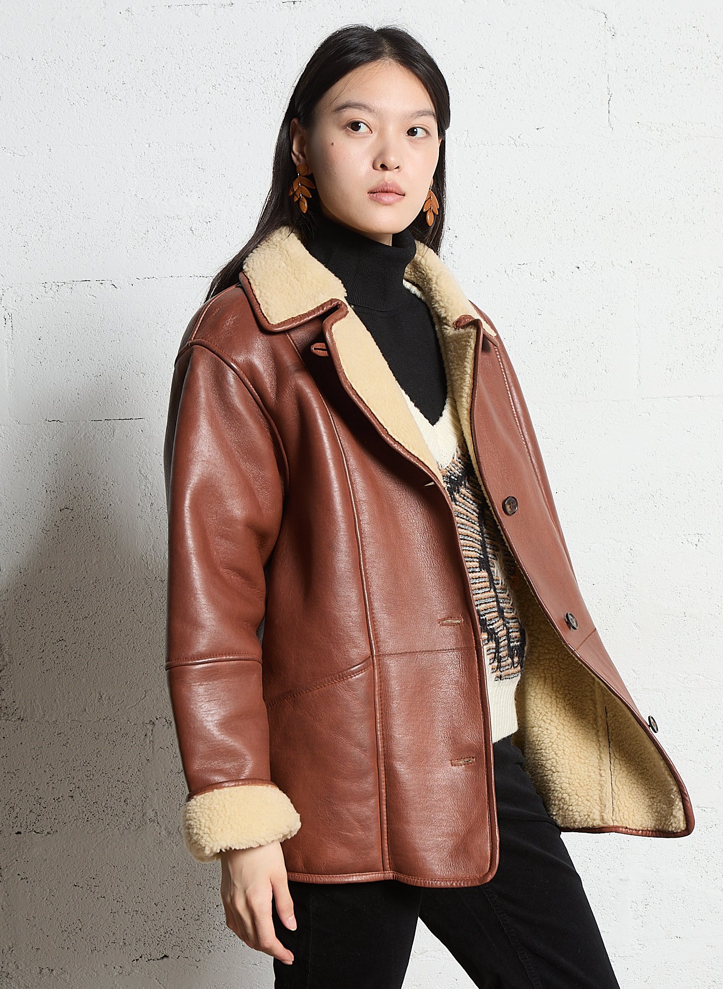 Straight leather jacket with sherpa collar MAISON 123 Beige