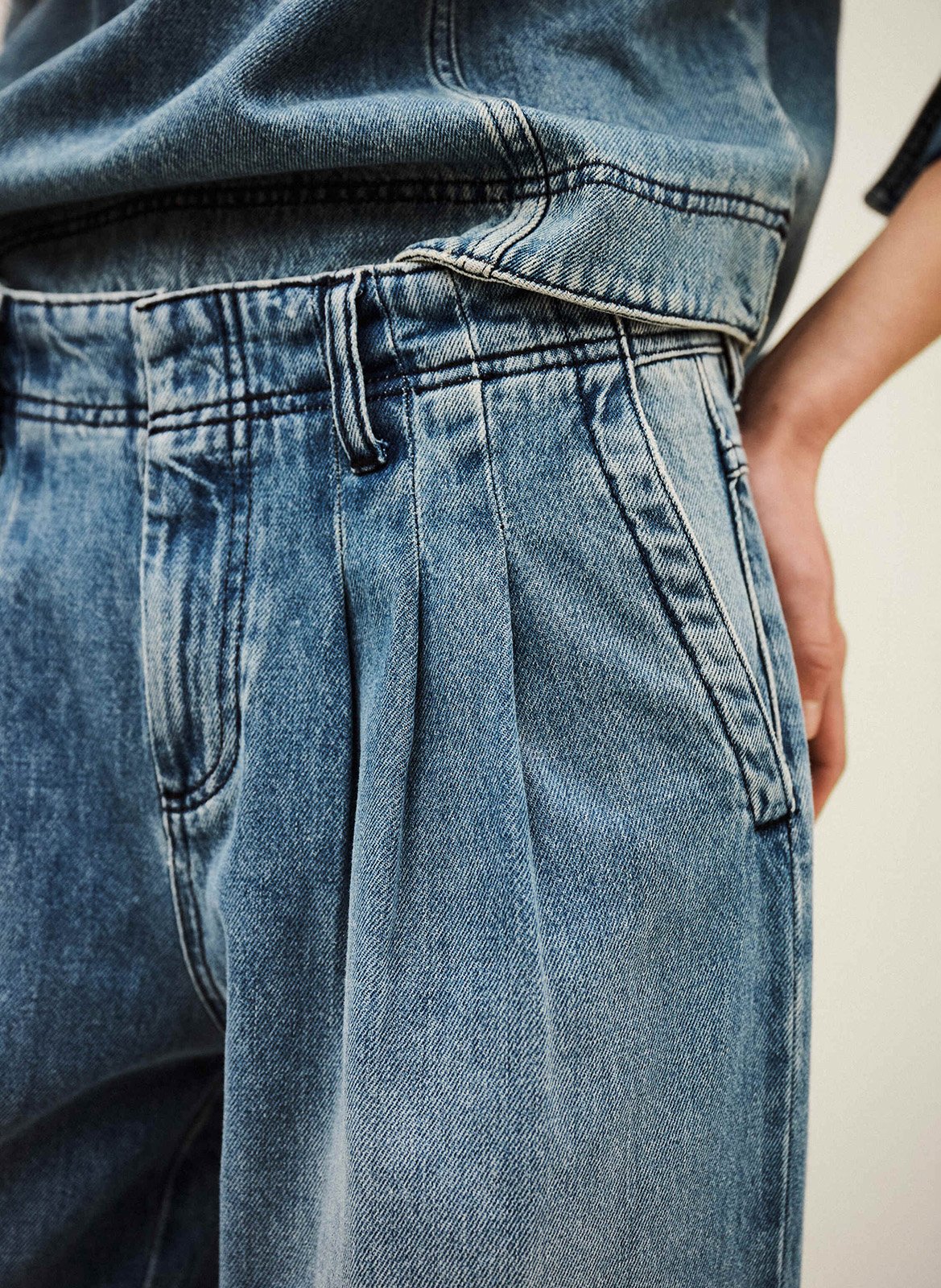 Pantalon large à pinces délavé Bleu