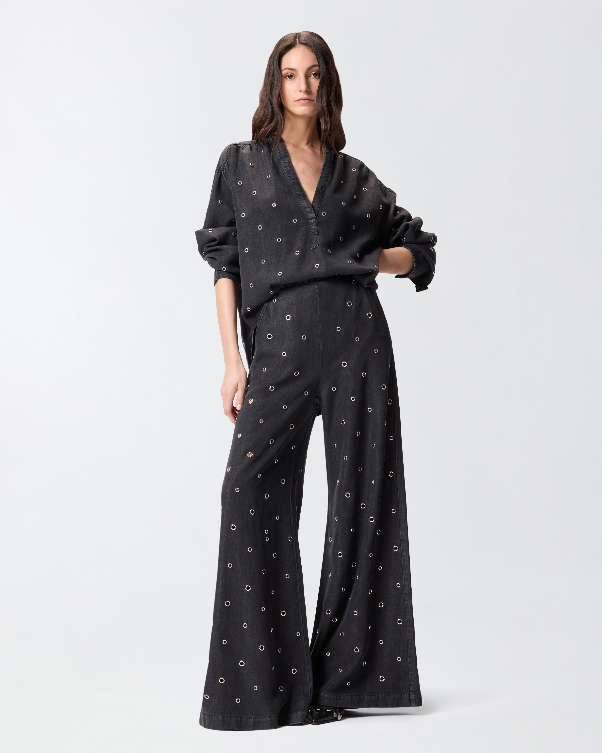 Blouse en denim foncé à œillets PINKO Noir