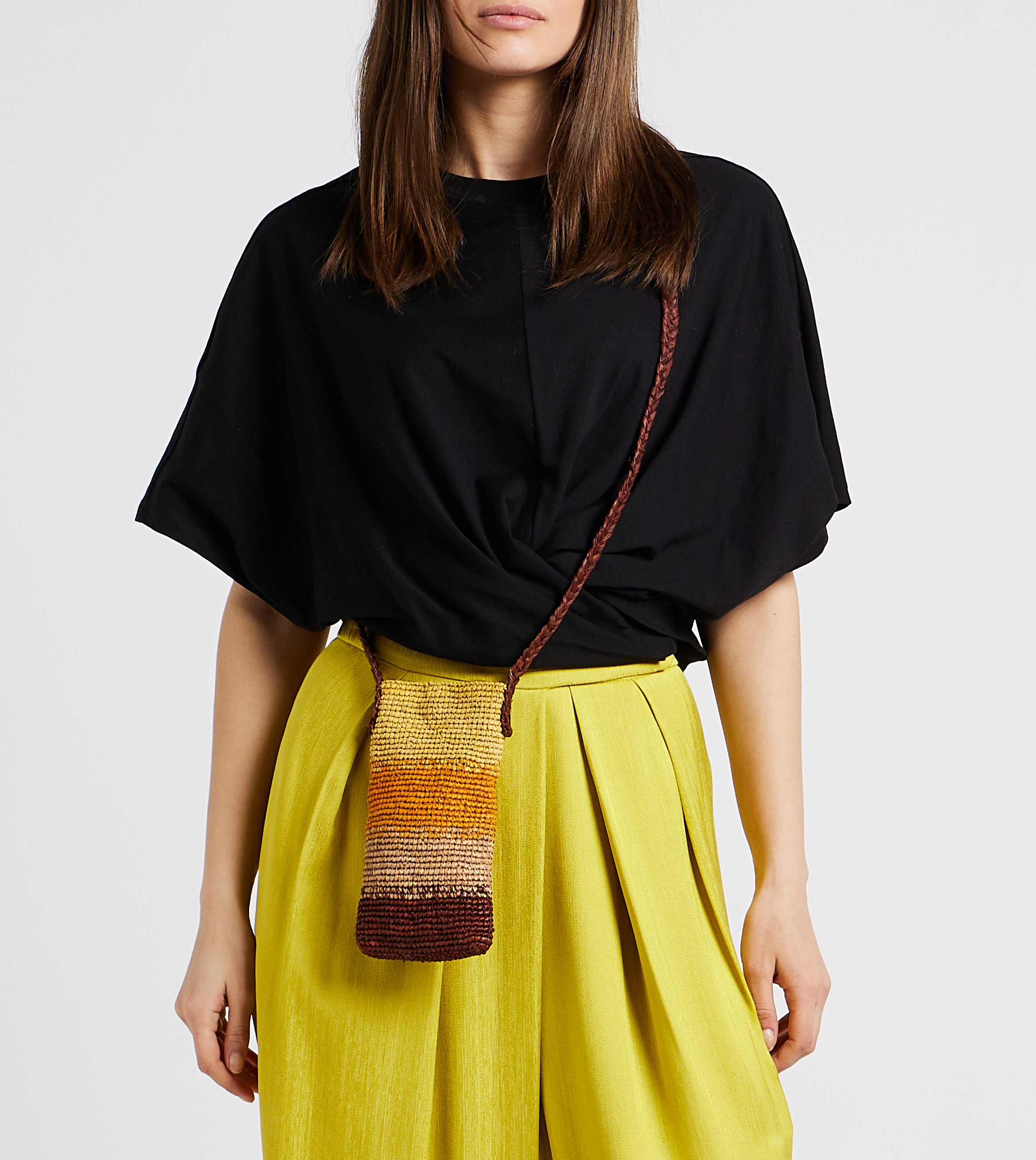 Porte téléphone rayé à bandoulière en raphia tressé CAMALYA Jaune